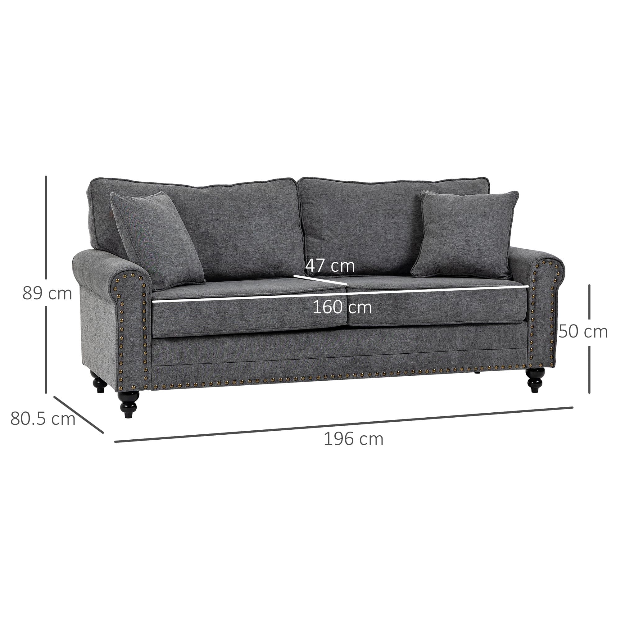 Elegant Grey 3 Seater Fabric Sofa with Nailhead Trim - image 3