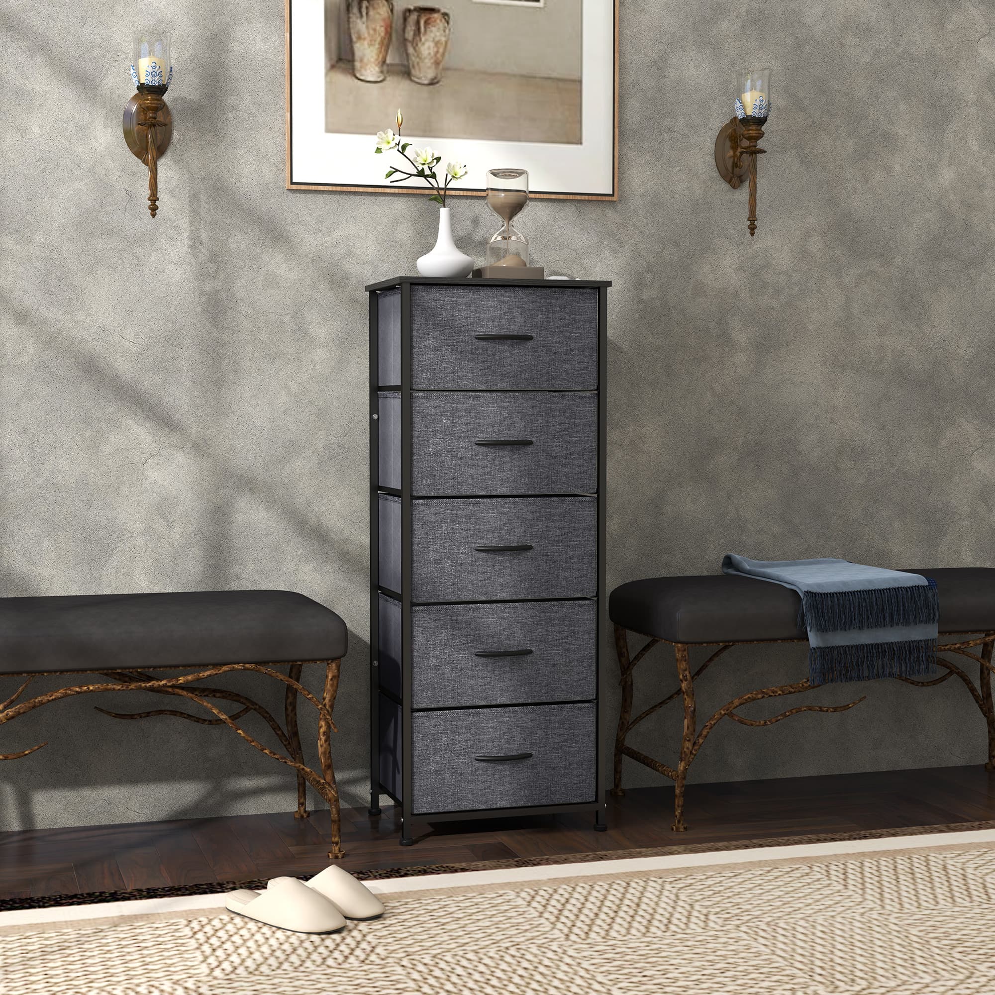 Slim Dark Grey Fabric Chest of Drawers - image 9