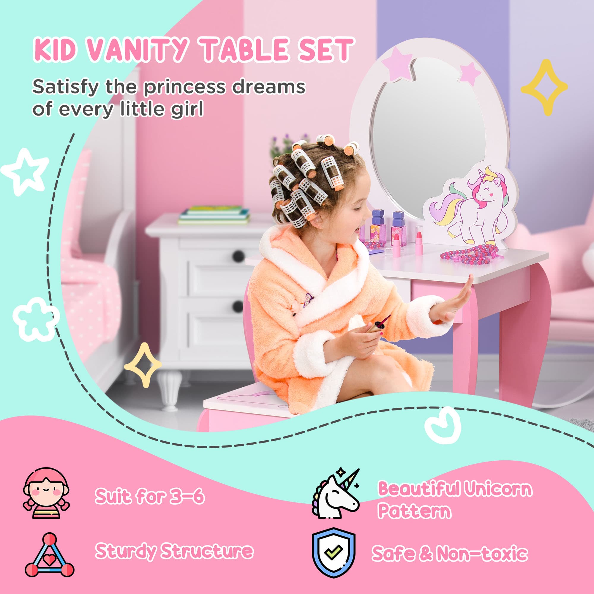Kids Unicorn Dressing Table with Mirror and Stool — Pink and White - image 8