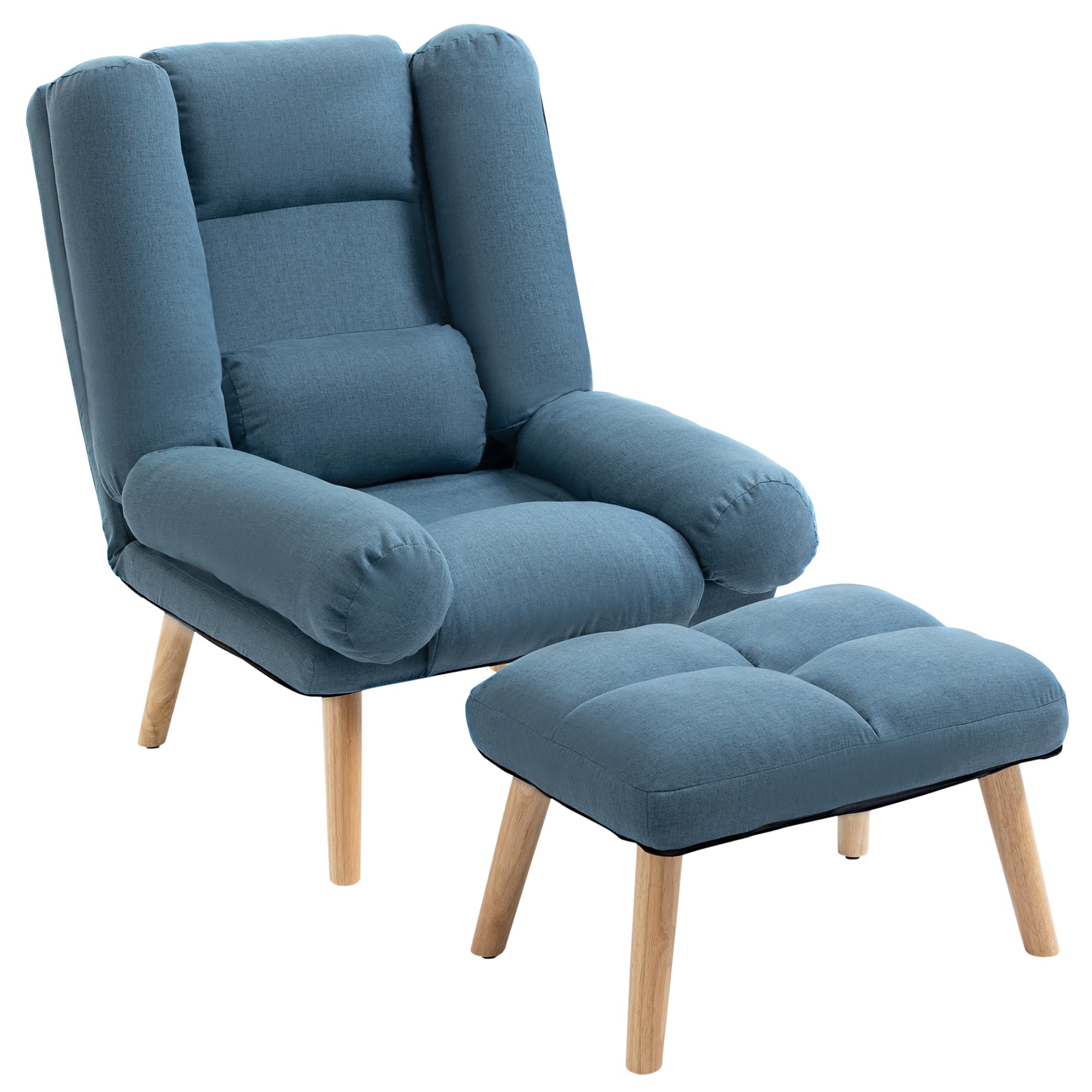 Premium Blue Reclining Armchair and Matching Footstool - Blue