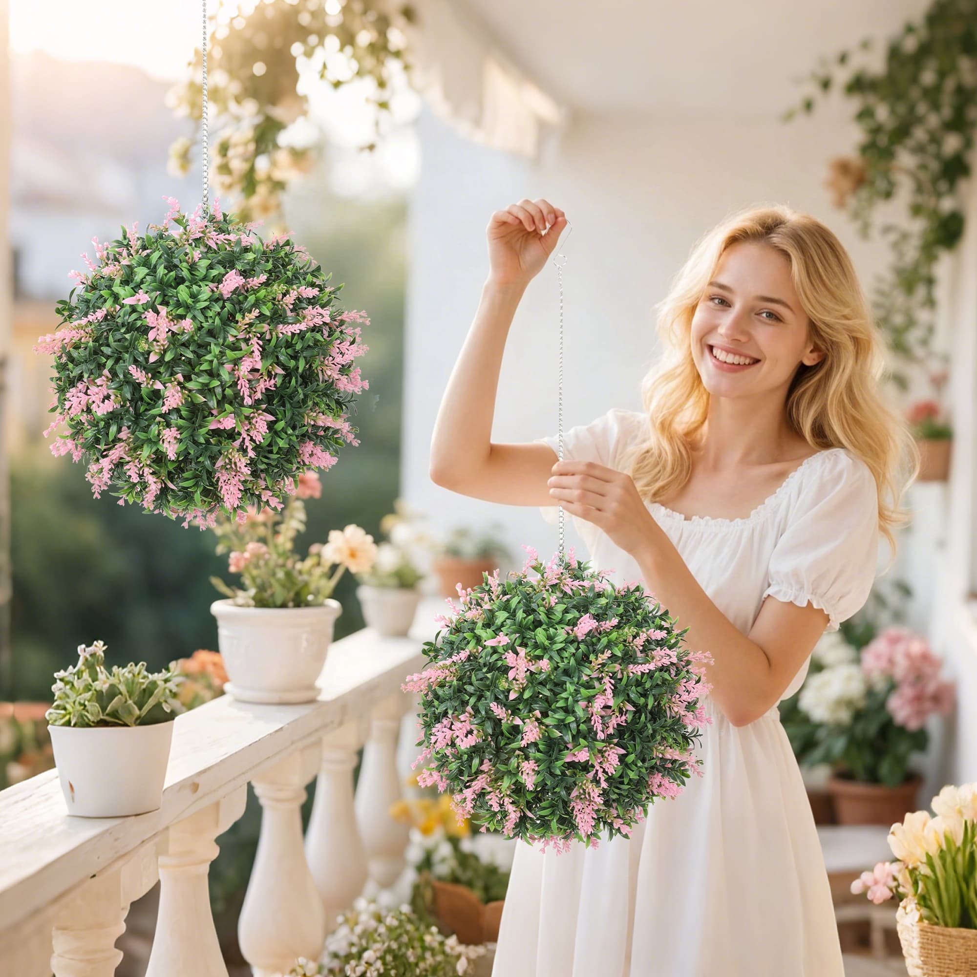 Set of 2 Artificial Topiary Balls with Pink Flowers - image 3