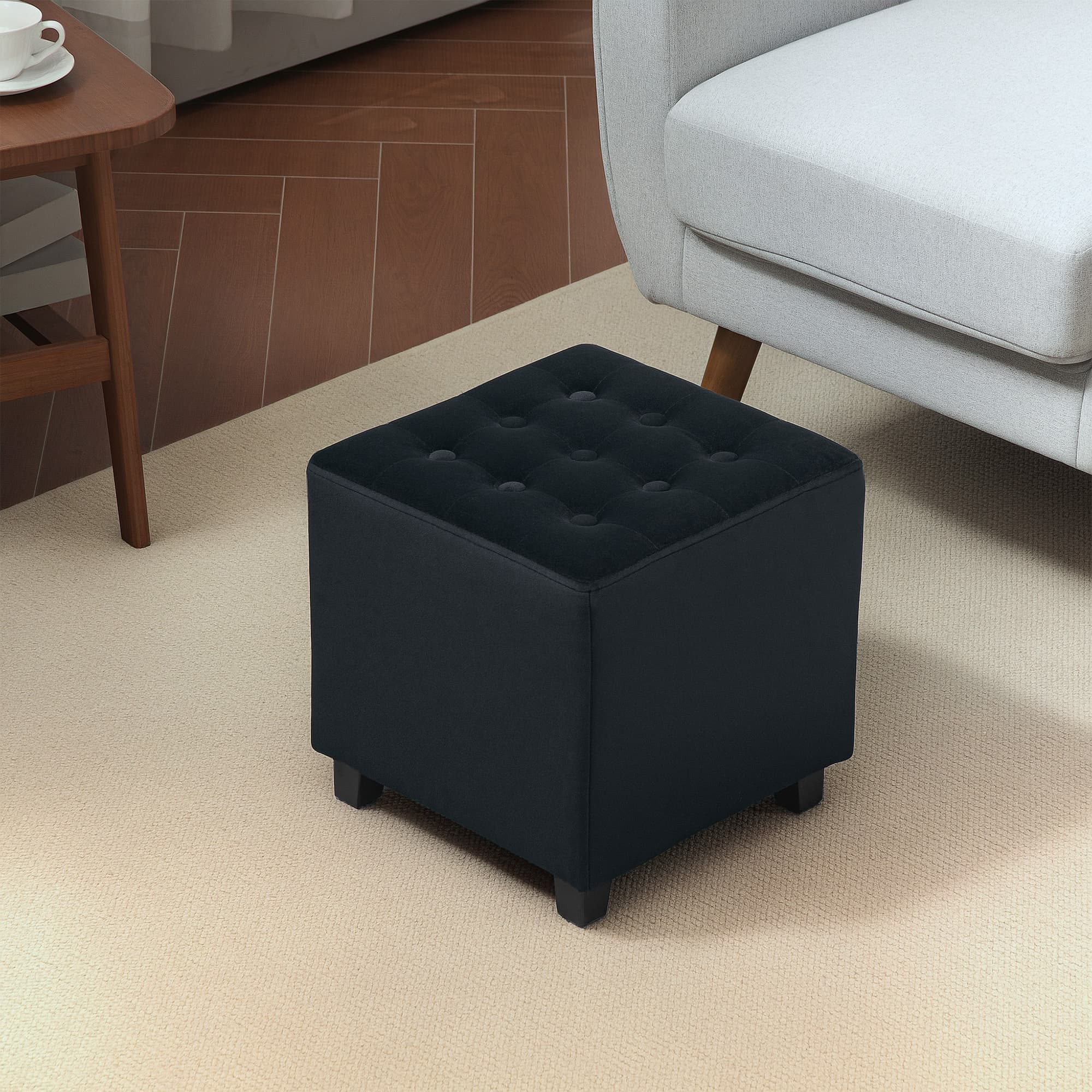Compact Black Velvet Ottoman with Button-Tufted Top - image 10