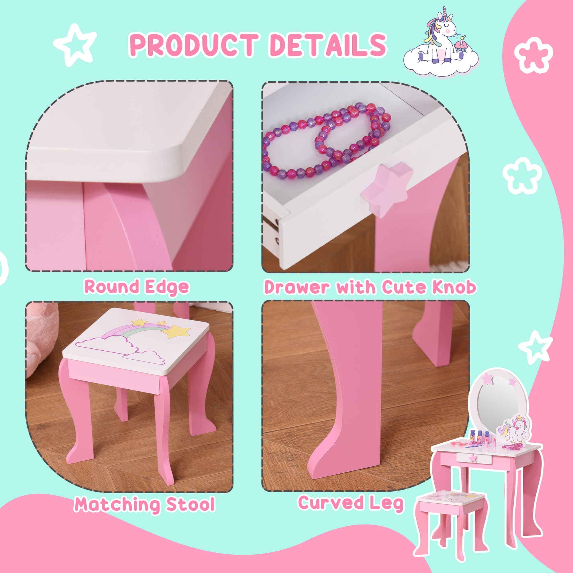 Kids Unicorn Dressing Table with Mirror and Stool — Pink and White - image 9