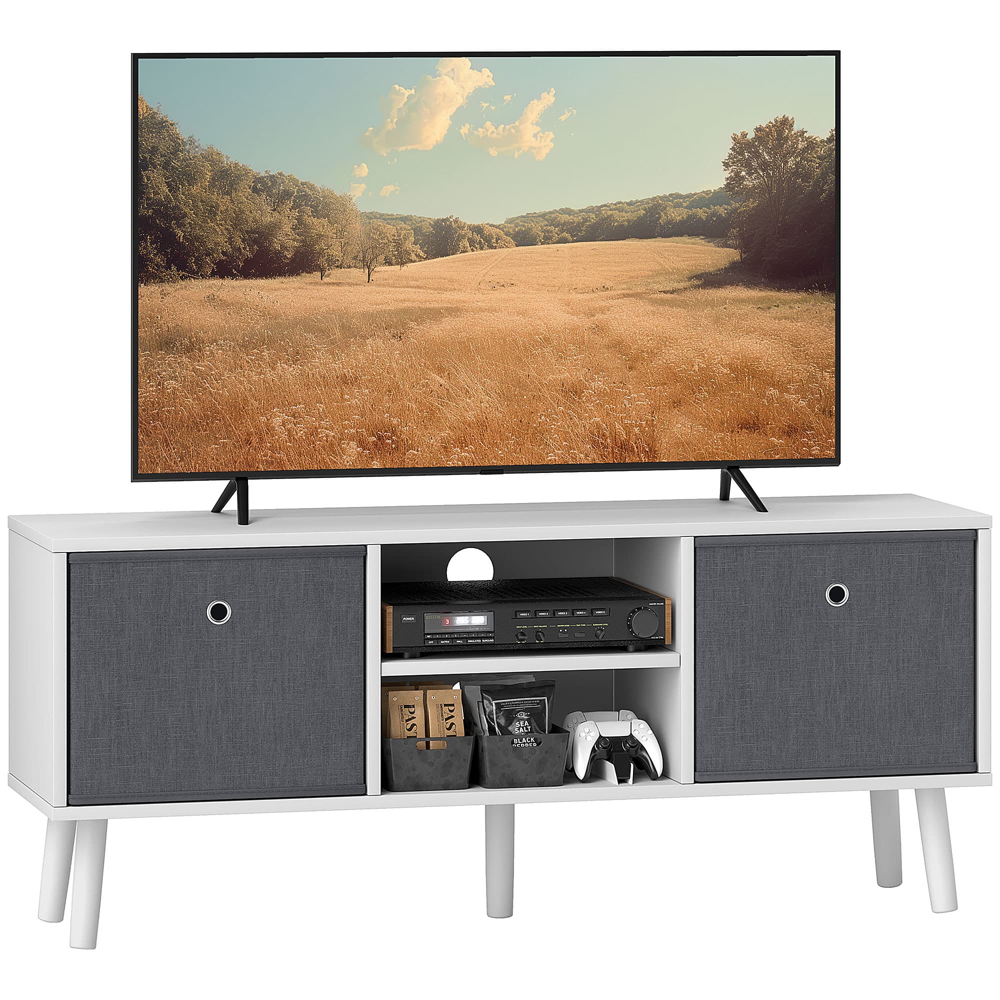 Modern White TV Unit with Removable Fabric Drawers - White Grey