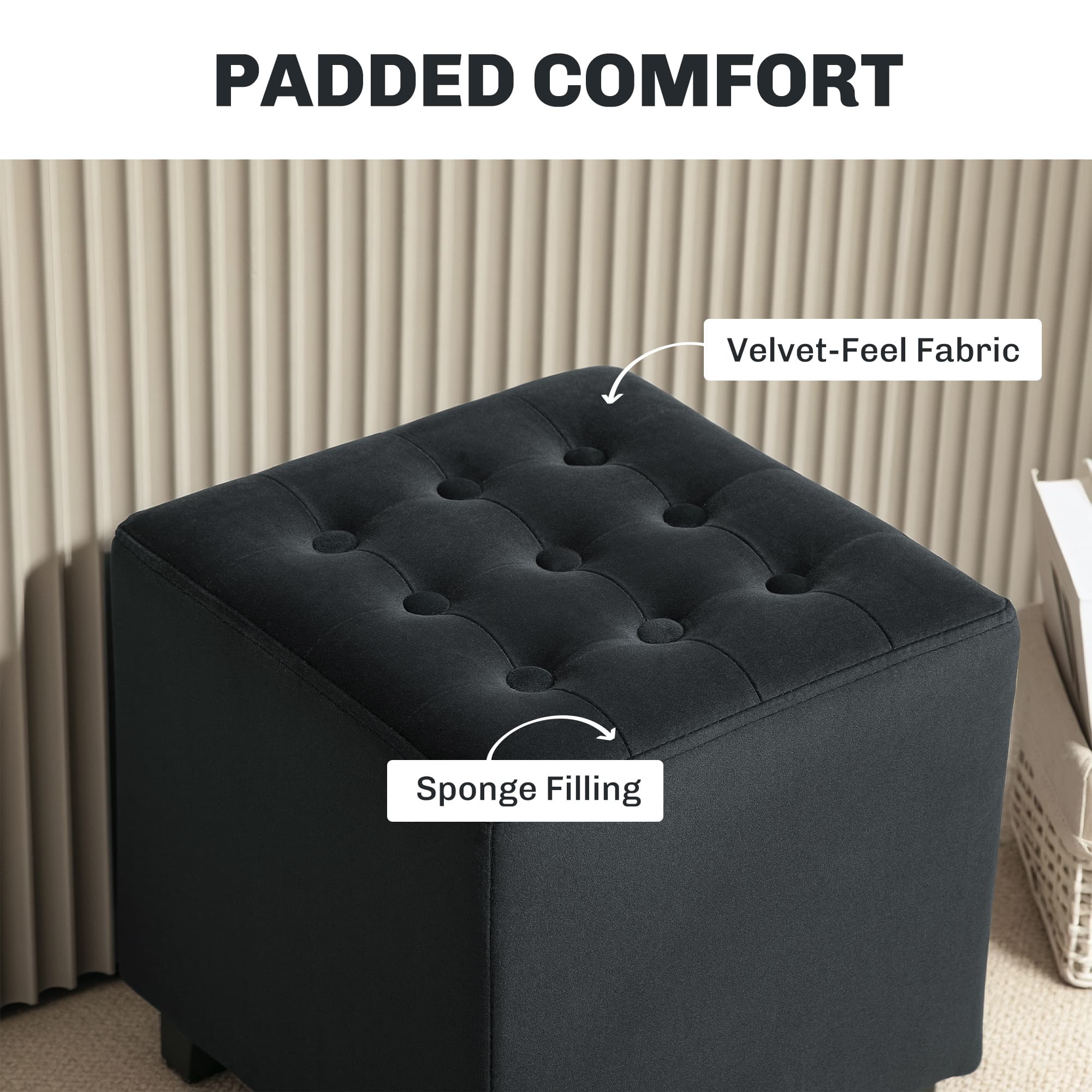 Compact Black Velvet Ottoman with Button-Tufted Top - image 6