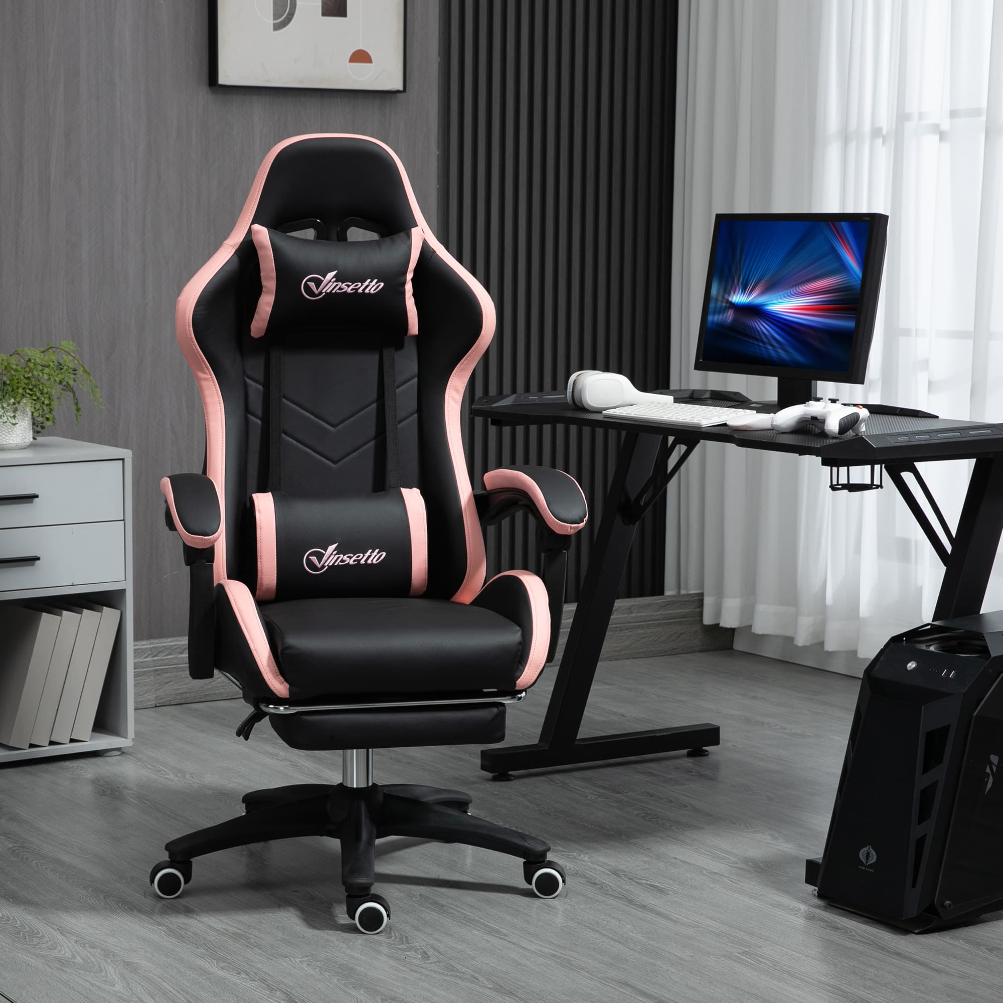 Gaming Chair with Footrest and Lumbar Support, Black & Pink - image 10