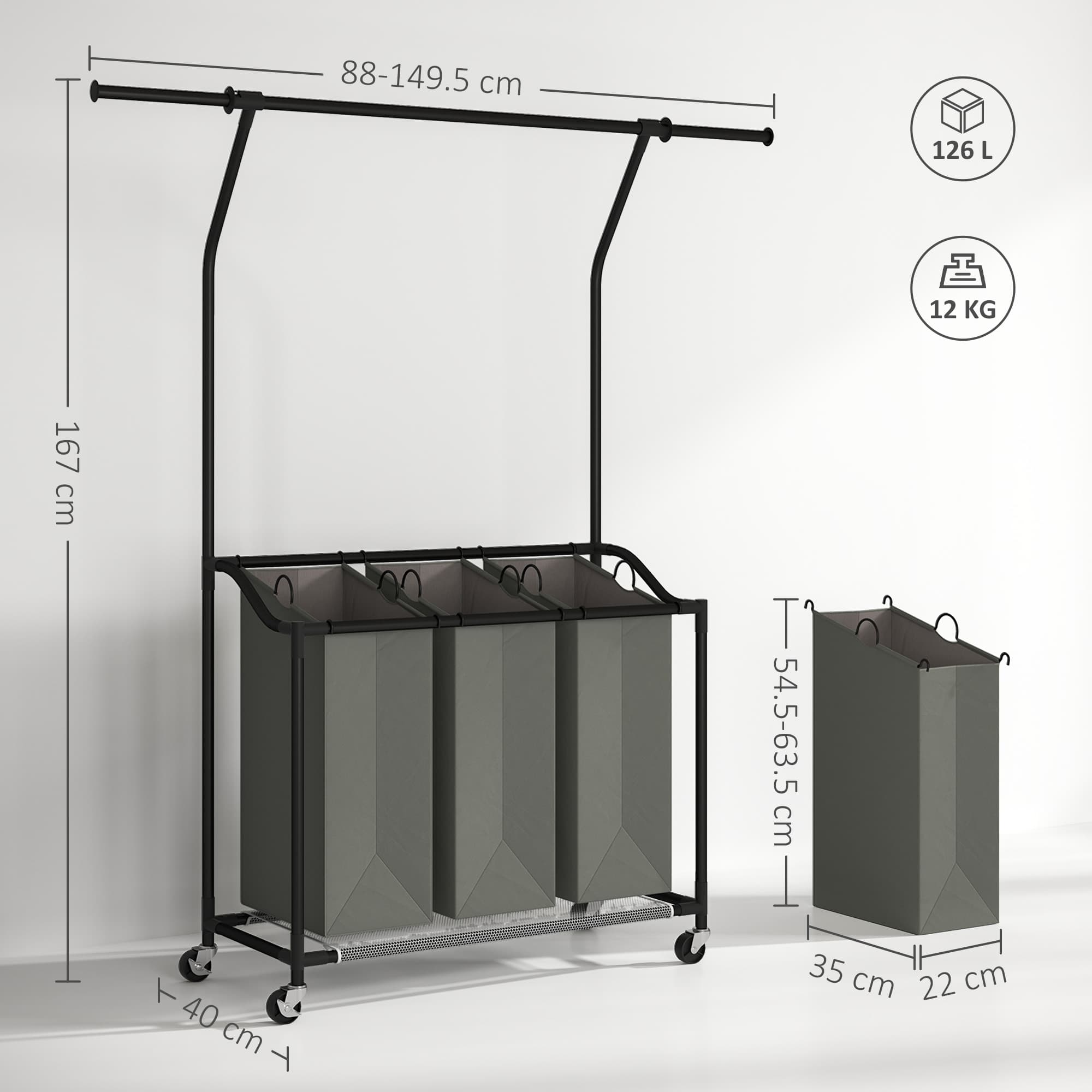 3-Bag Laundry Sorter with Hanging Rail and Wheels - image 2