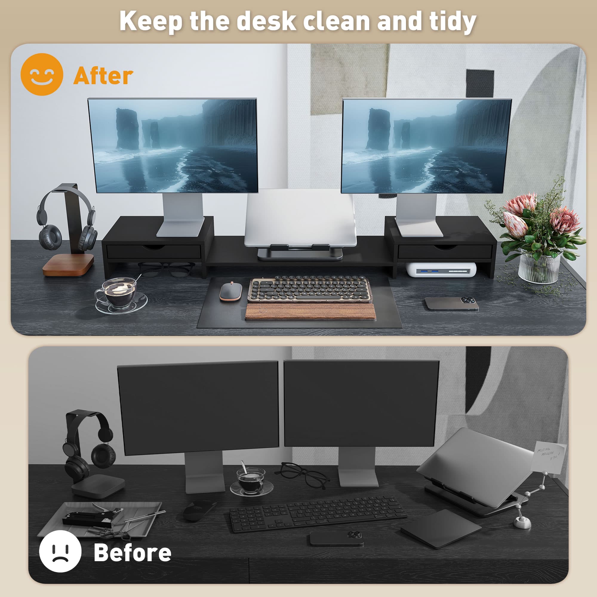 Adjustable black dual monitor riser with storage - image 5