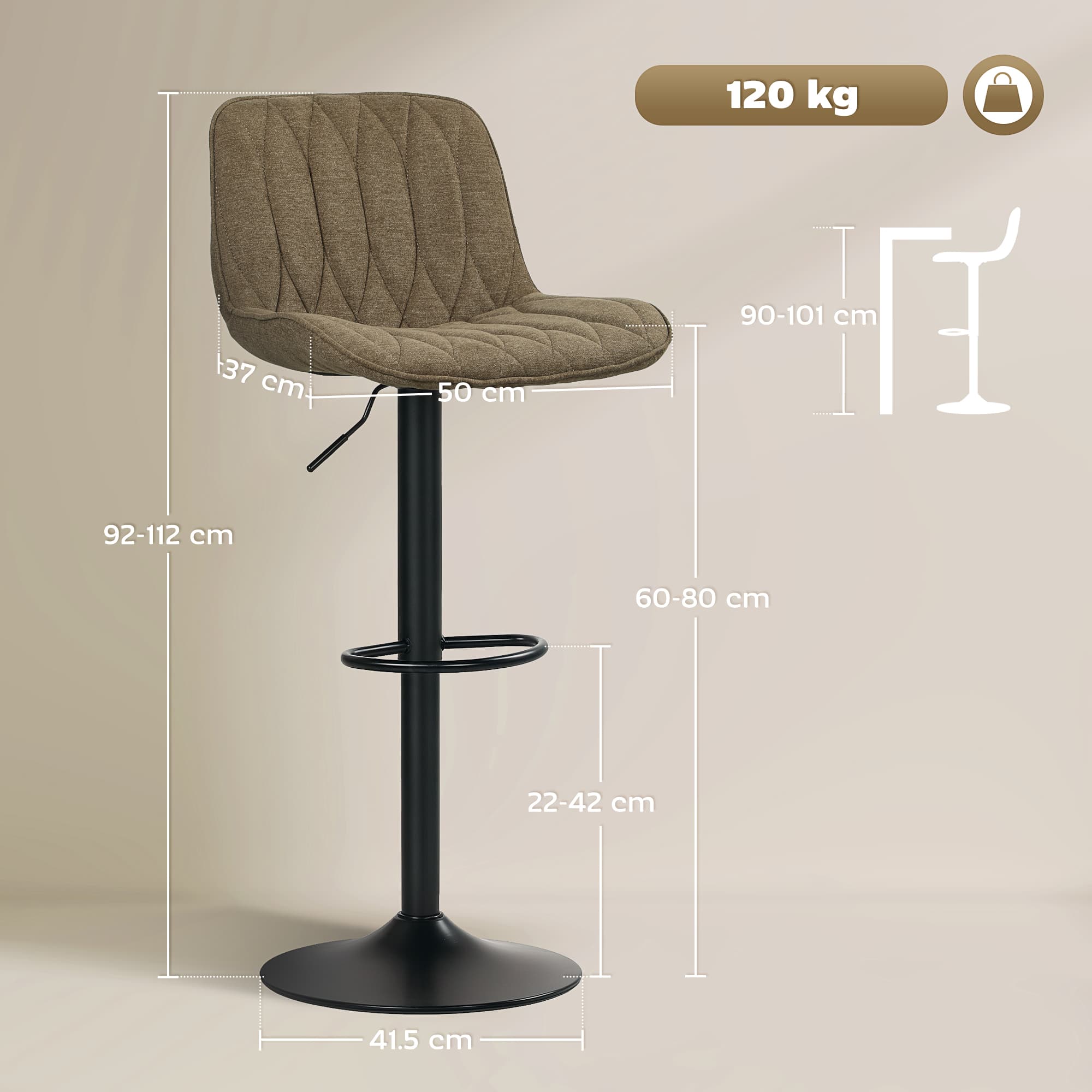 Premium Brown Linen-Look Adjustable Bar Stools - Set of Two - image 3