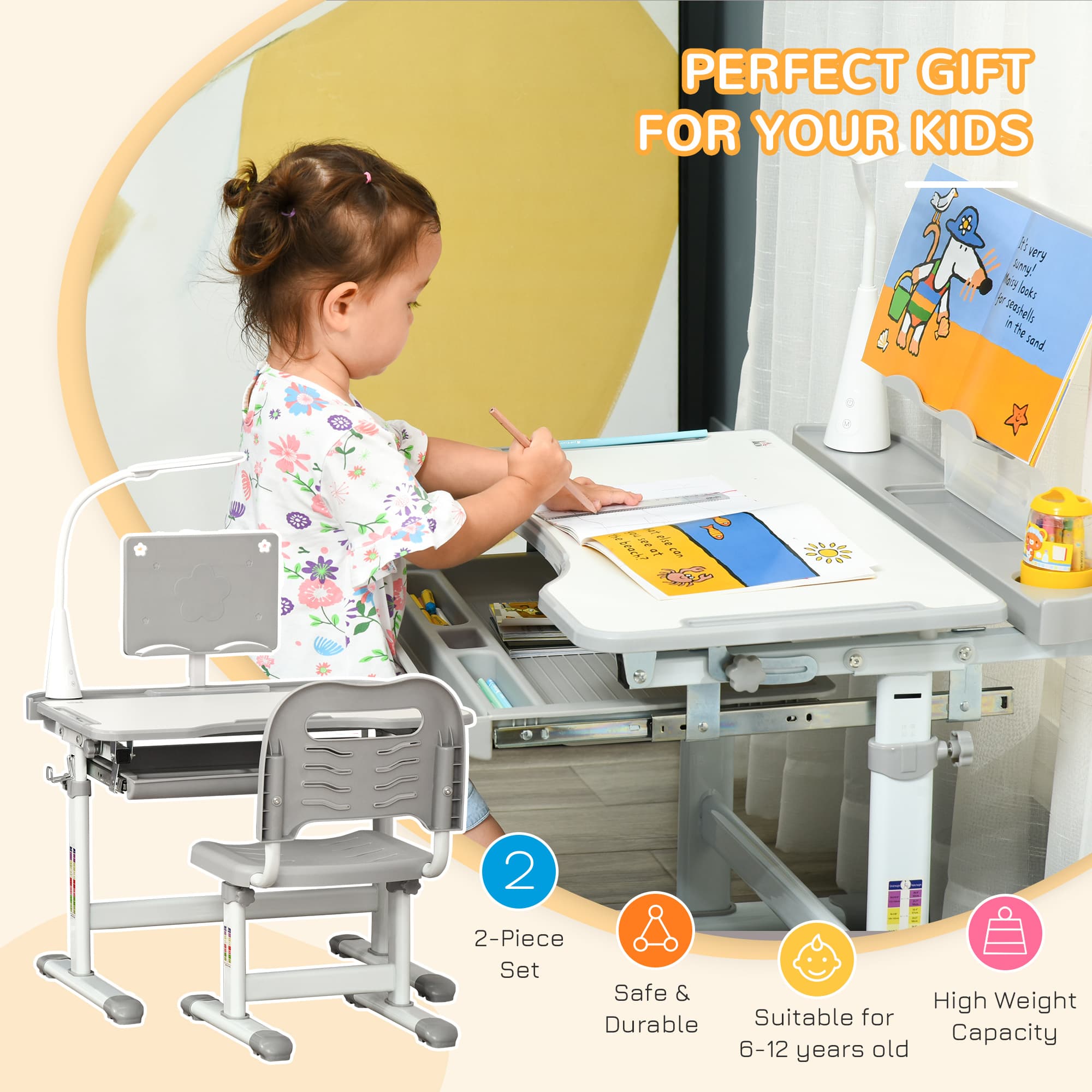 Ergonomic Grey Kids Study Desk and Chair Set for Growing Minds - image 2