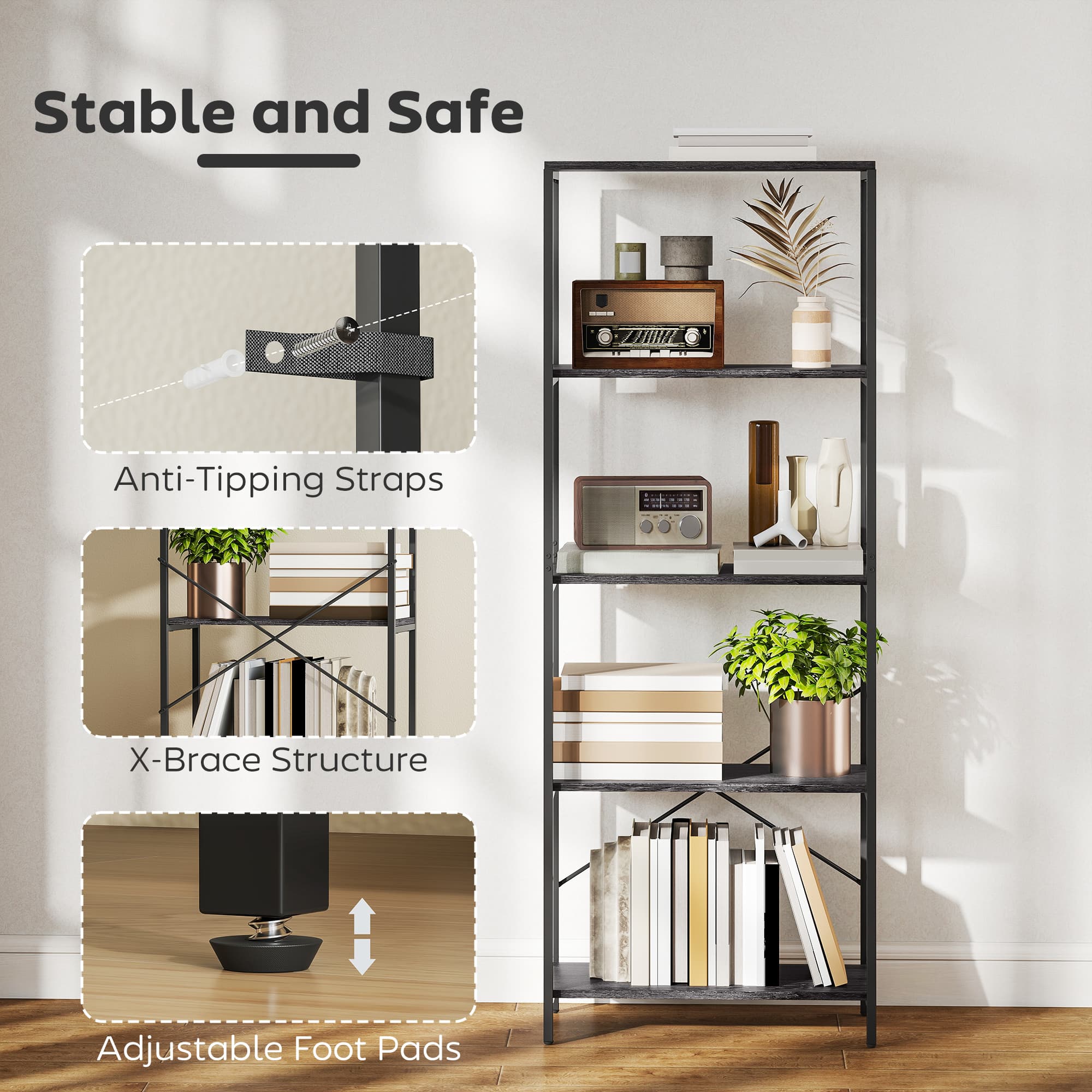 5-Tier Metal Frame Bookshelf in Dark Grey and Black - image 6