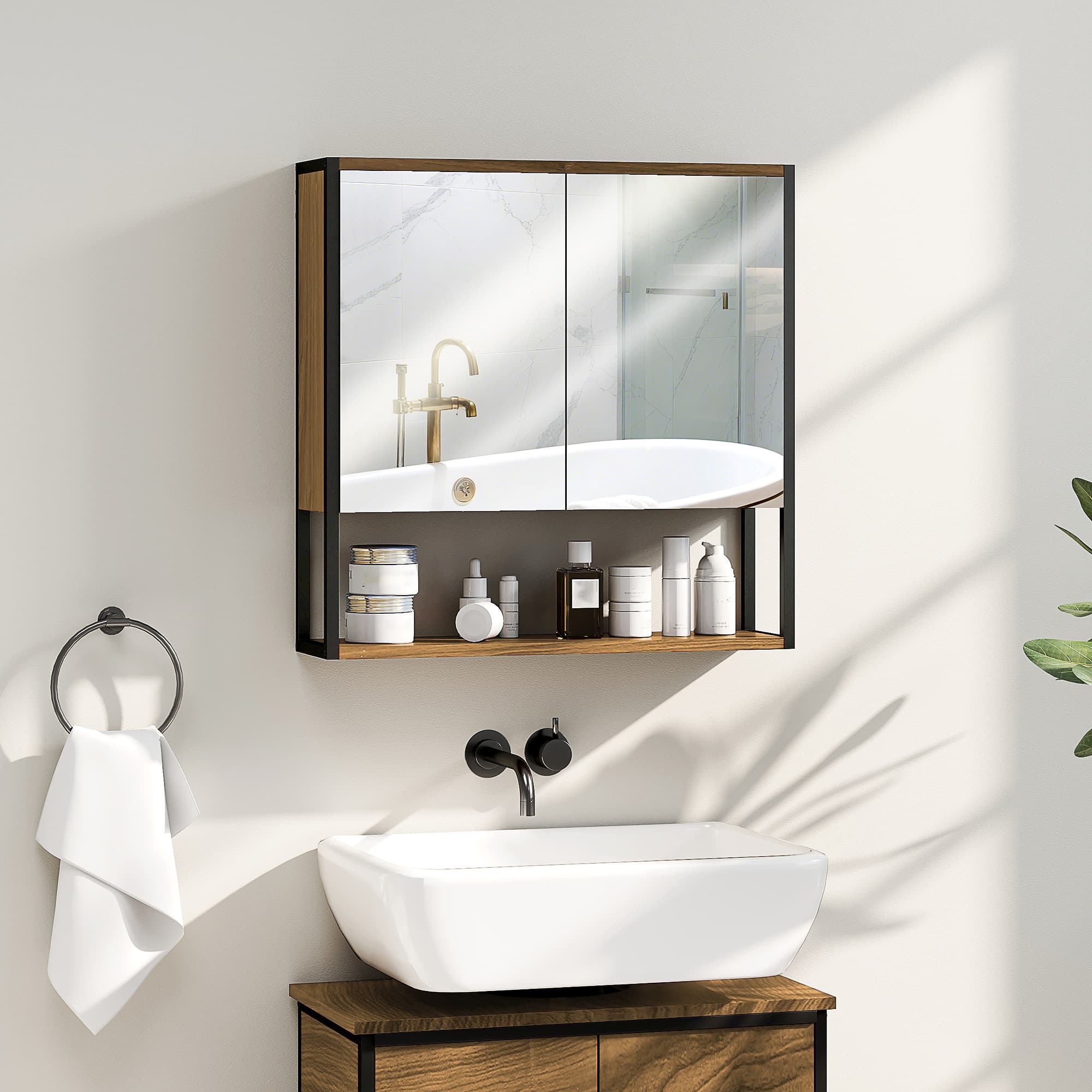 Natural Wood Bathroom Mirror Cabinet with Soft-Close Doors - image 3