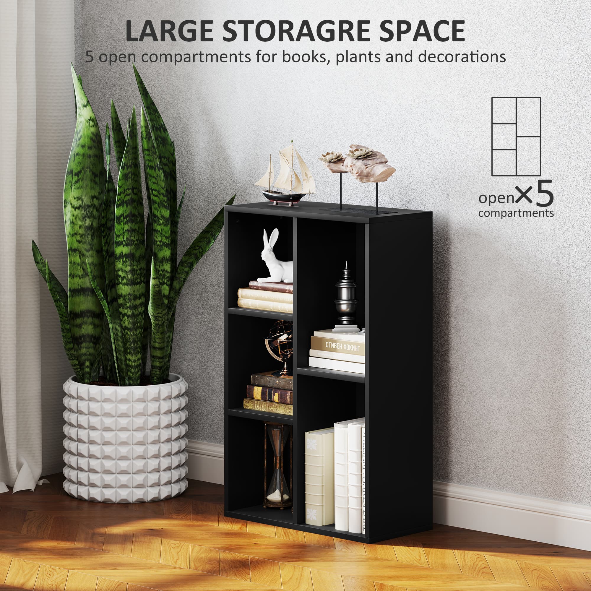 Five-Compartment Black Bookcase for Books and Display - image 9