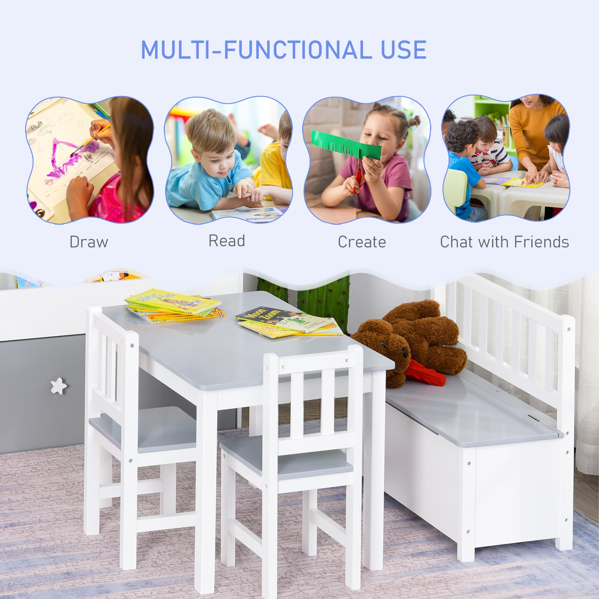 Grey & White Wooden Kids Table Set with Storage Bench - image 5