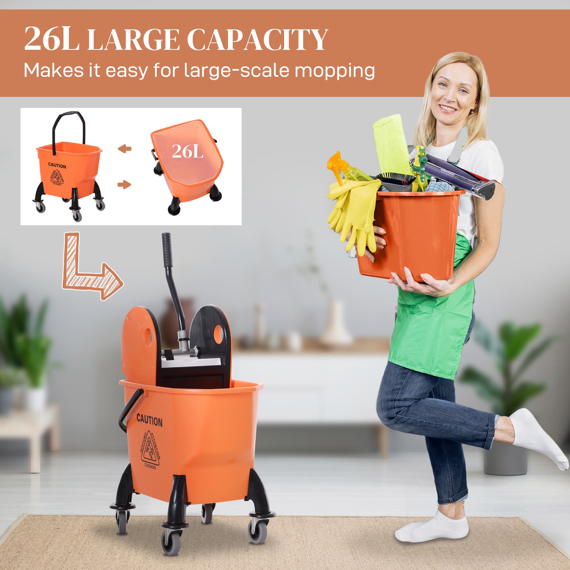 Orange mop bucket with wringer, handle and wheels - image 4
