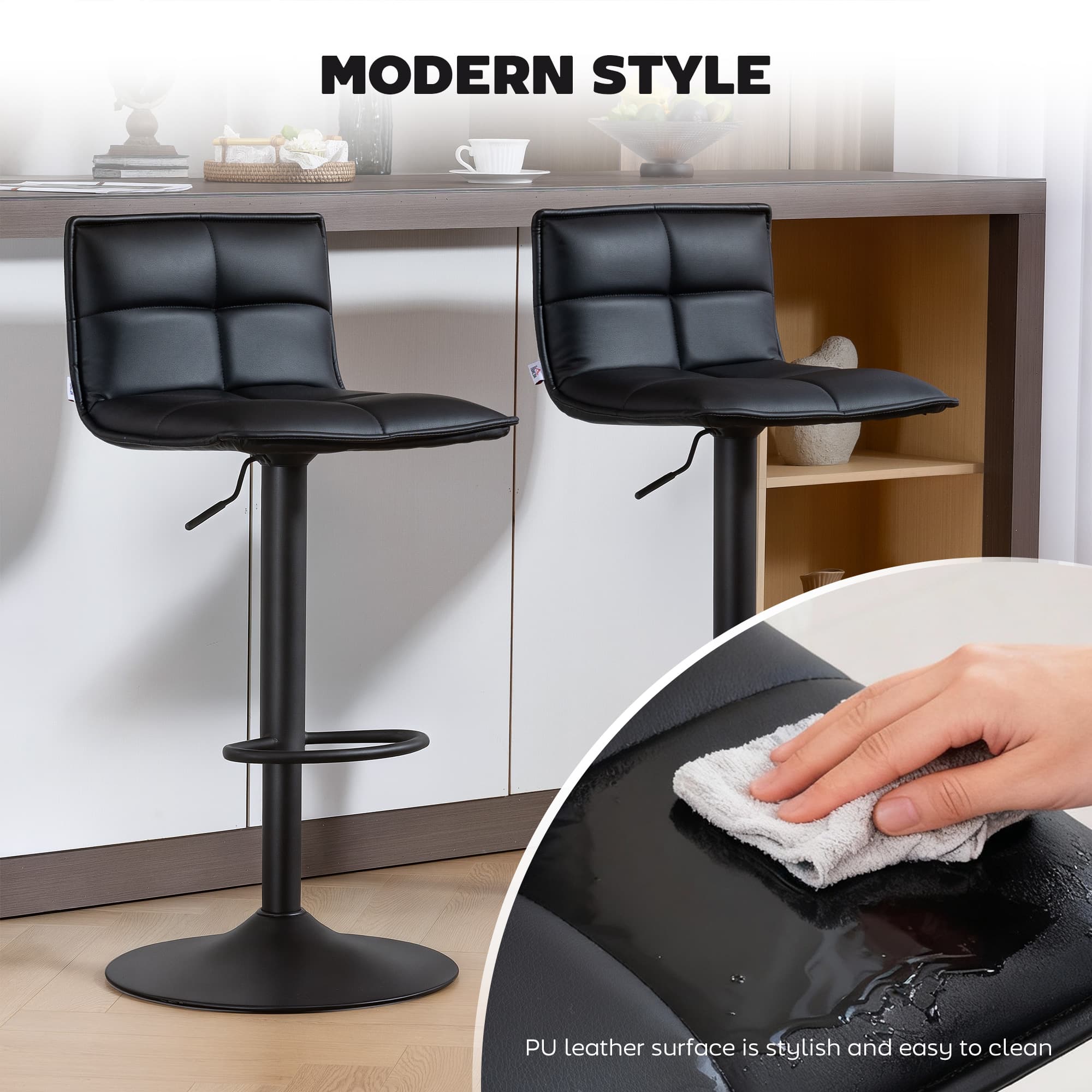 Modern Black Faux Leather Adjustable Bar Stools (Set of Two) - image 4