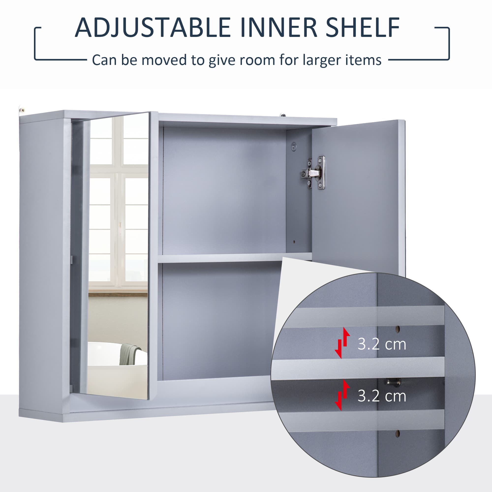 Grey Bathroom Mirror Cabinet with Adjustable Shelf - image 8