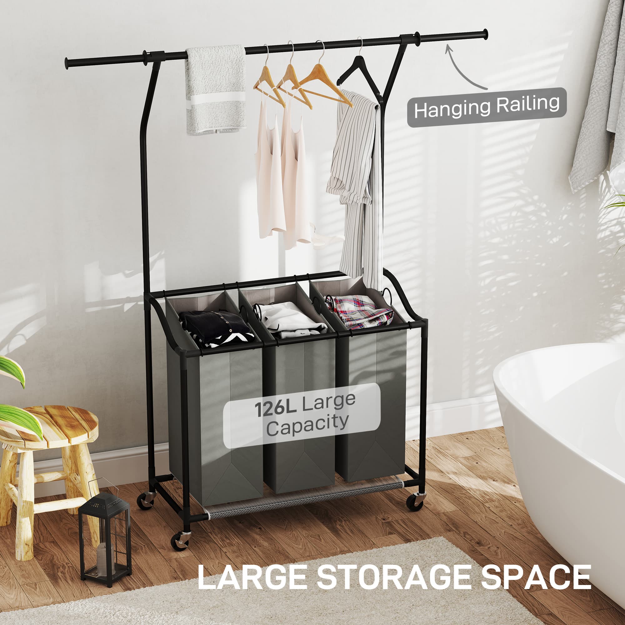 3-Bag Laundry Sorter with Hanging Rail and Wheels - image 1