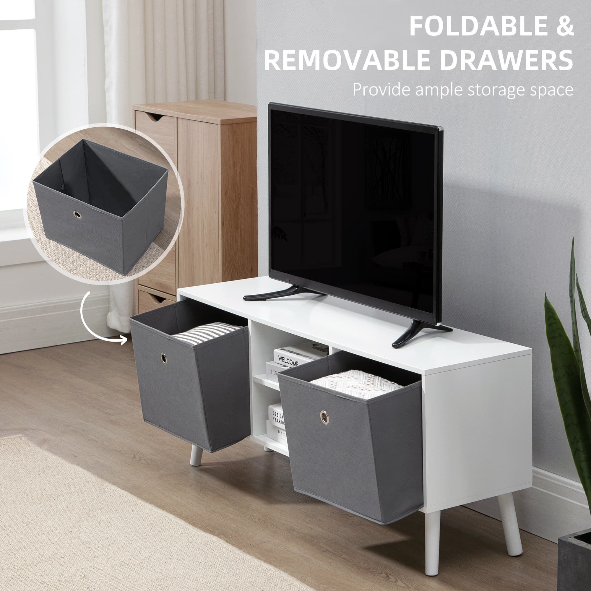 Modern White TV Unit with Removable Fabric Drawers - image 3