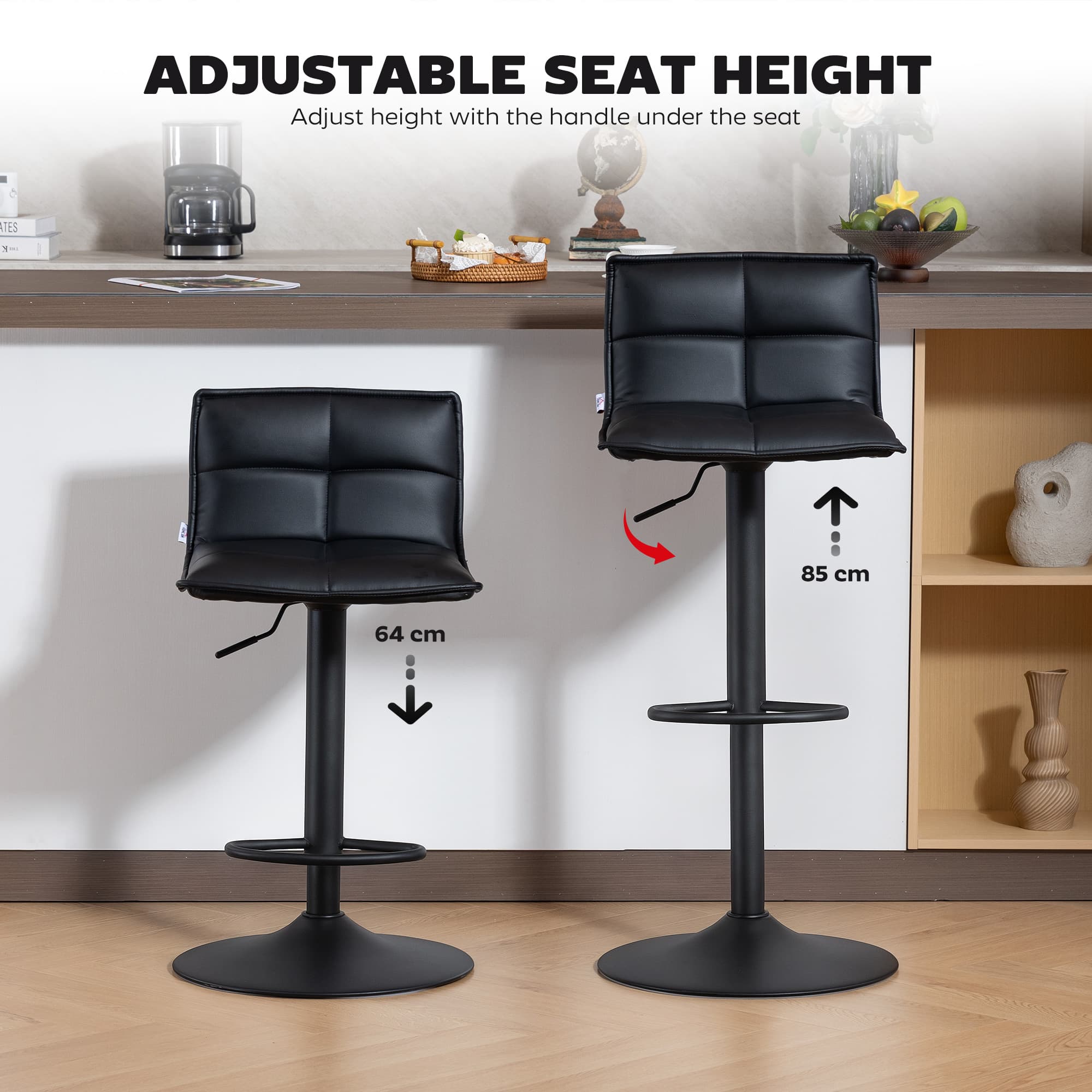 Modern Black Faux Leather Adjustable Bar Stools (Set of Two) - image 5