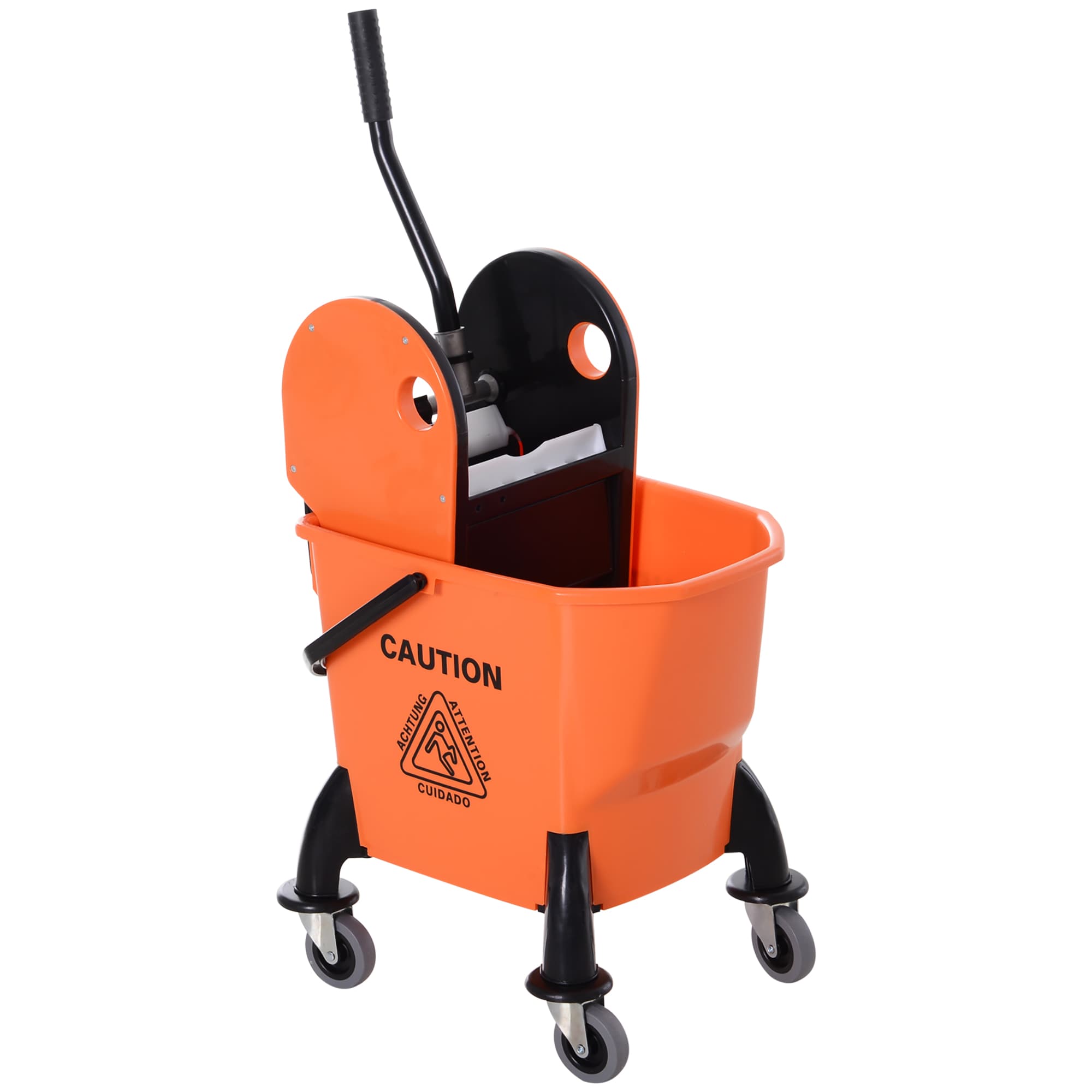 Orange mop bucket with wringer, handle and wheels - Orange