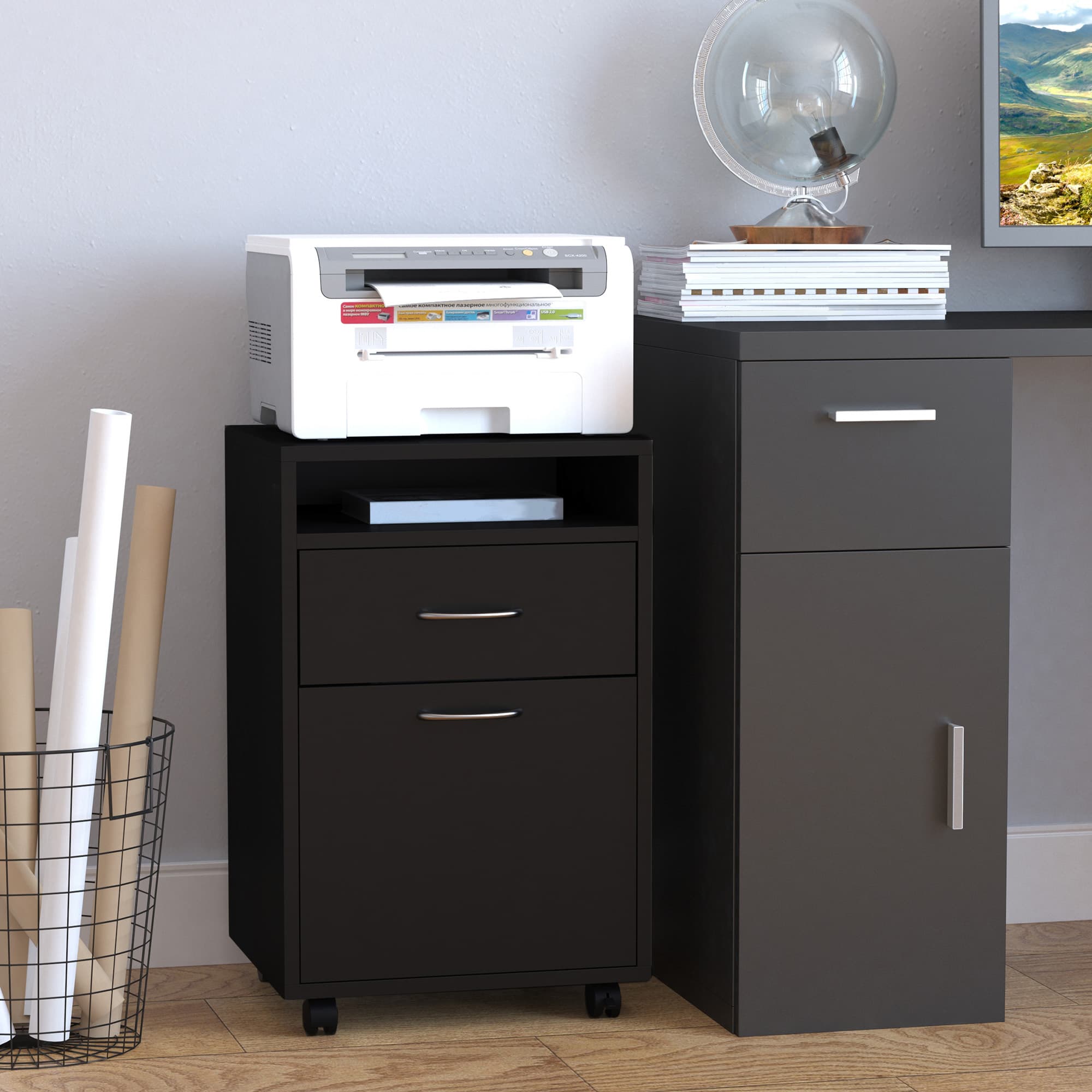 Black Mobile Office Cabinet with Drawers and Open Shelf - image 8