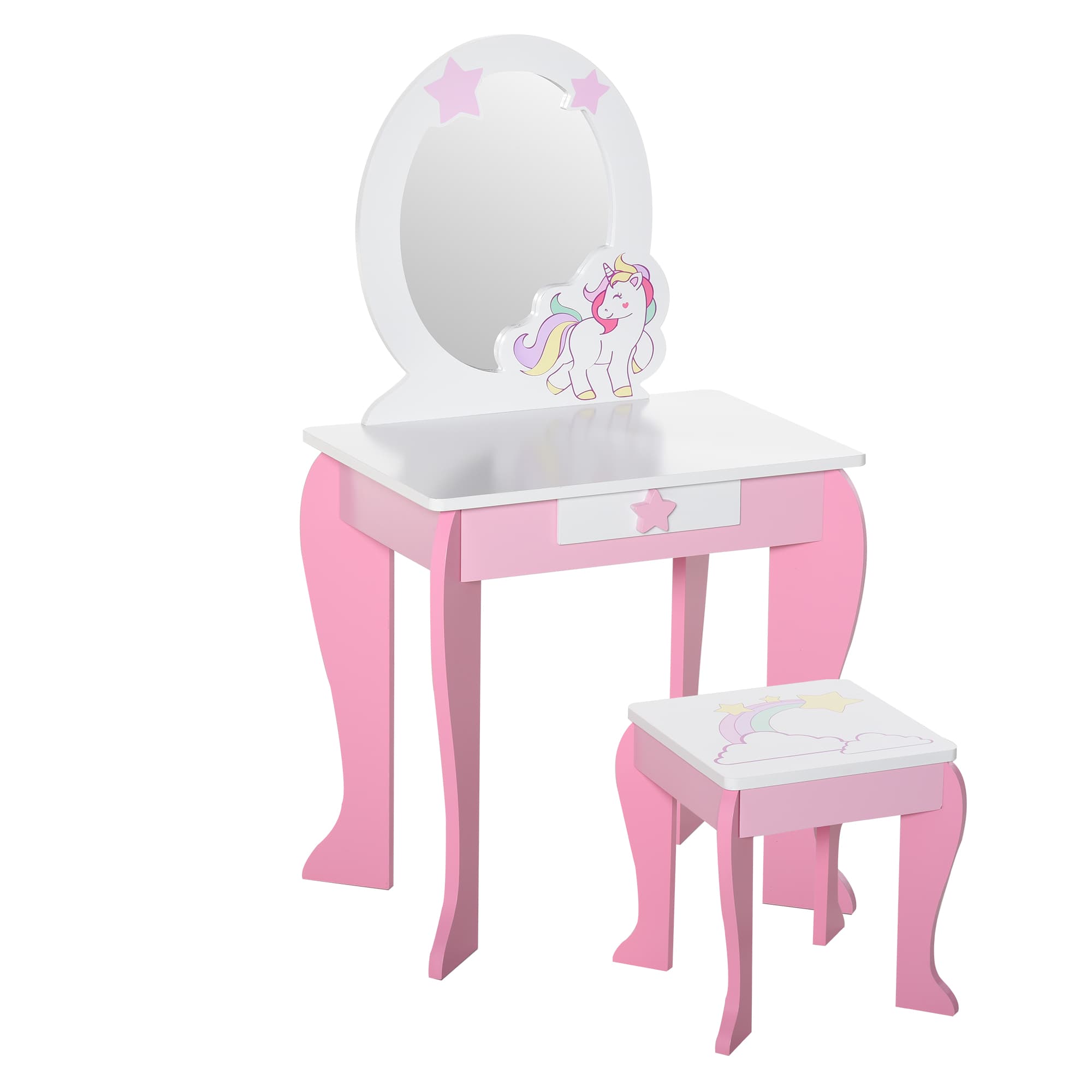 Kids Unicorn Dressing Table with Mirror and Stool — Pink and White - image 6