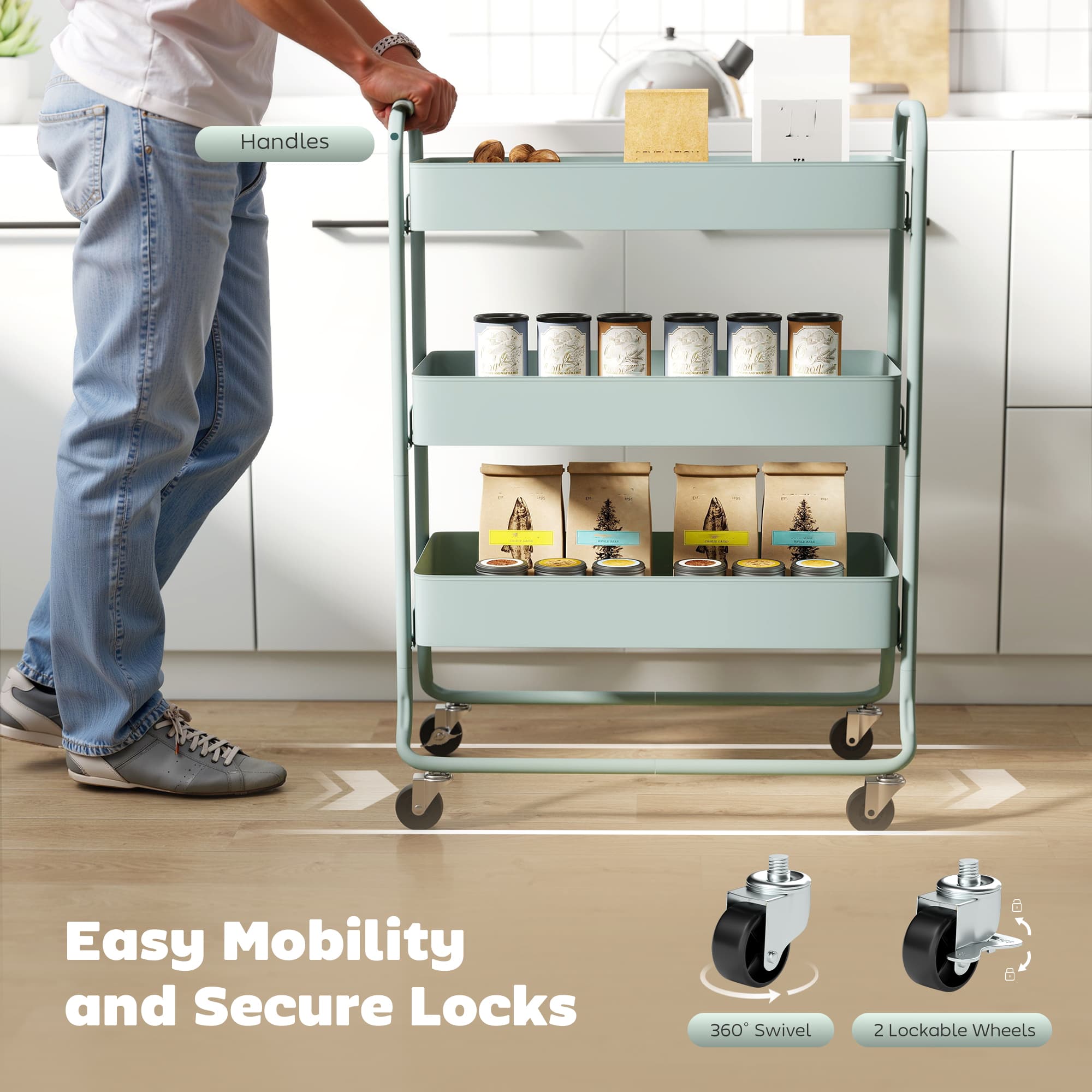 Light Green 3-Tier Storage Trolley for Flexible Rooms - image 2