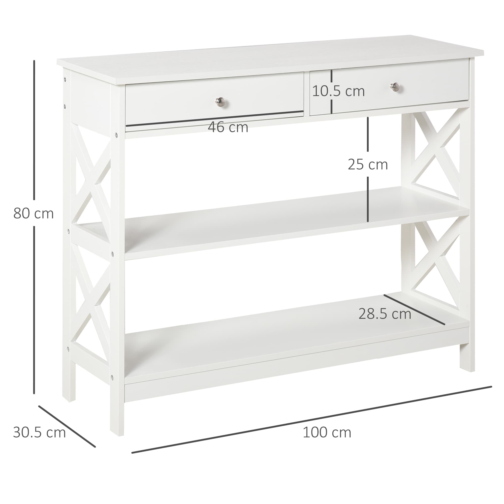 White X-Frame Console Table with Drawers and Open Shelves - image 7