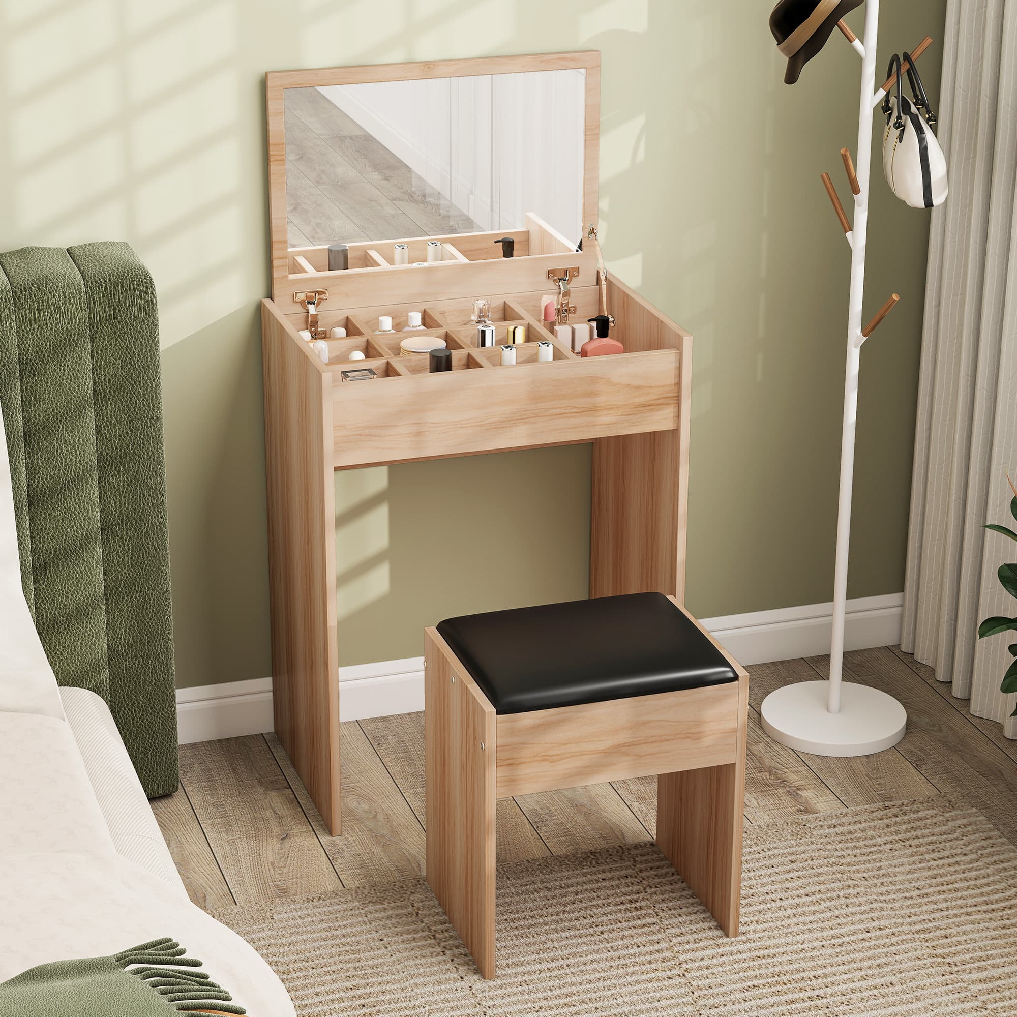Space-Saving Wood Dressing Table Set with Flip-Up Mirror - image 1