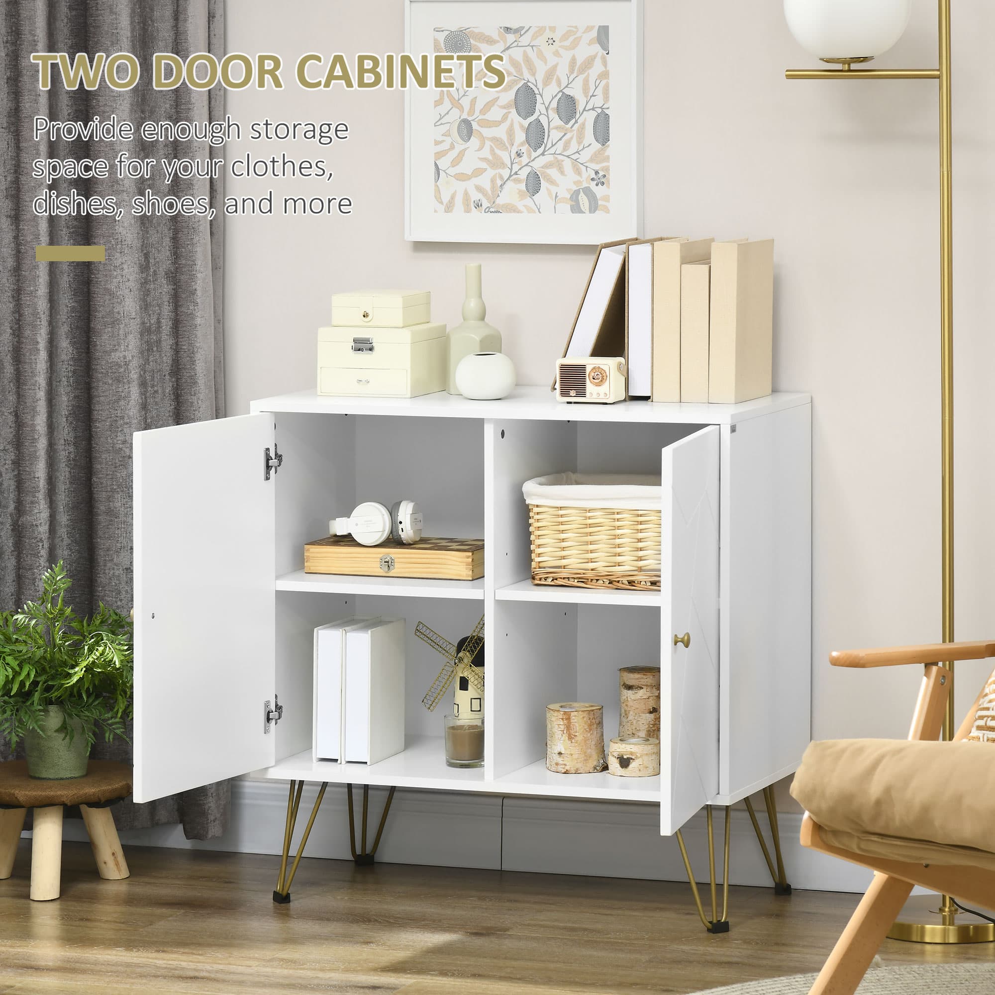 Slim White Storage Sideboard with Gold Hairpin Legs - image 2