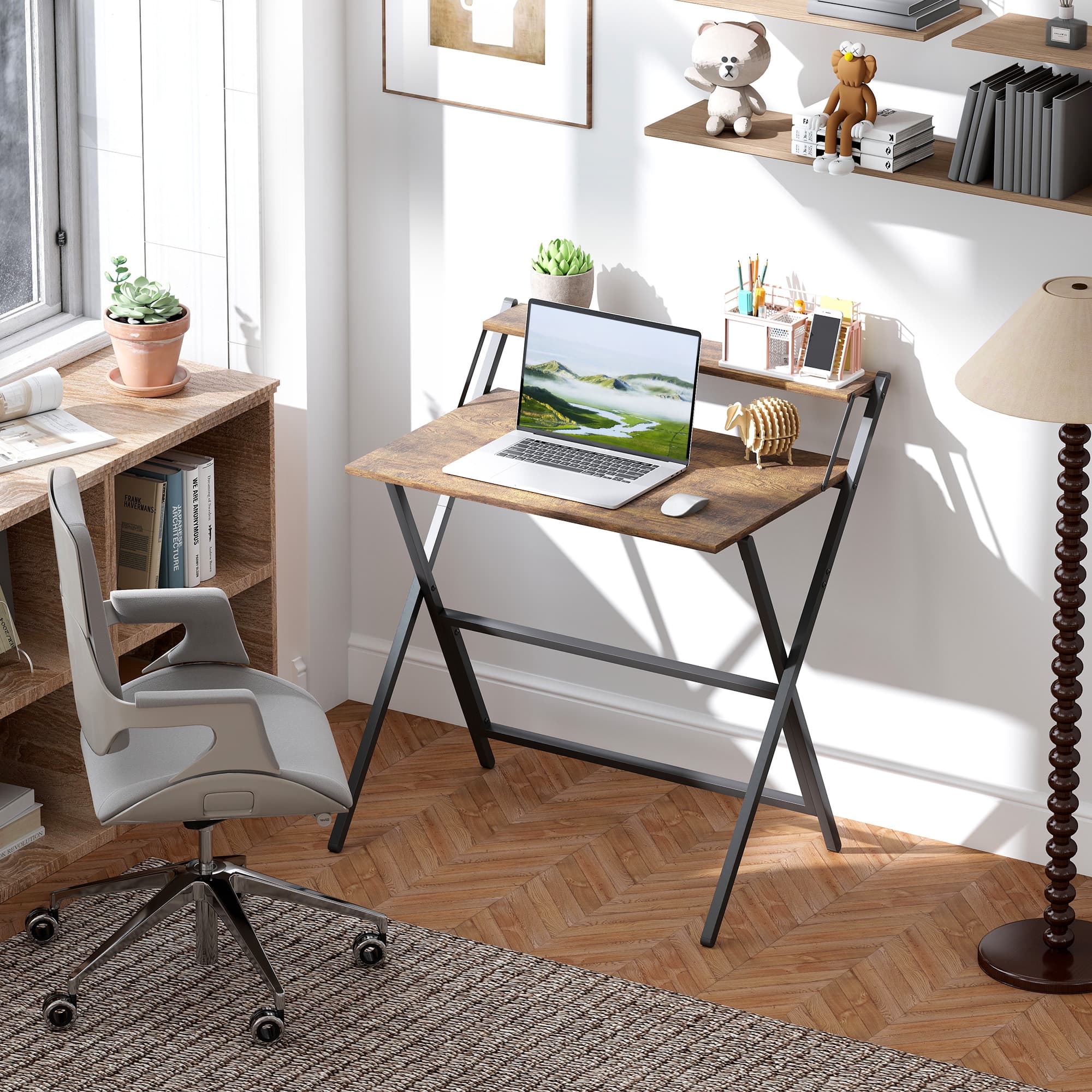 Space-Saving Folding Computer Desk with Monitor Shelf - image 1