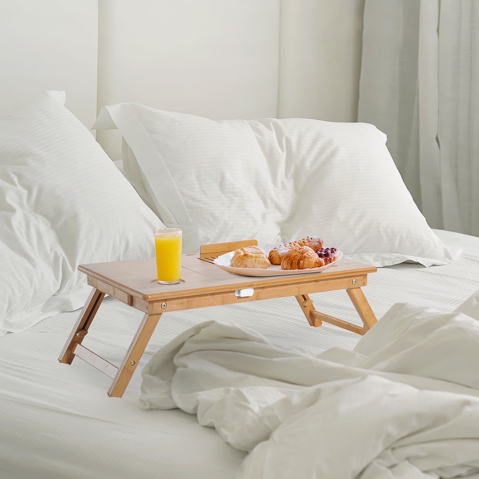 A bamboo lap desk that tilts, folds, and has a pull-out drawer - image 8