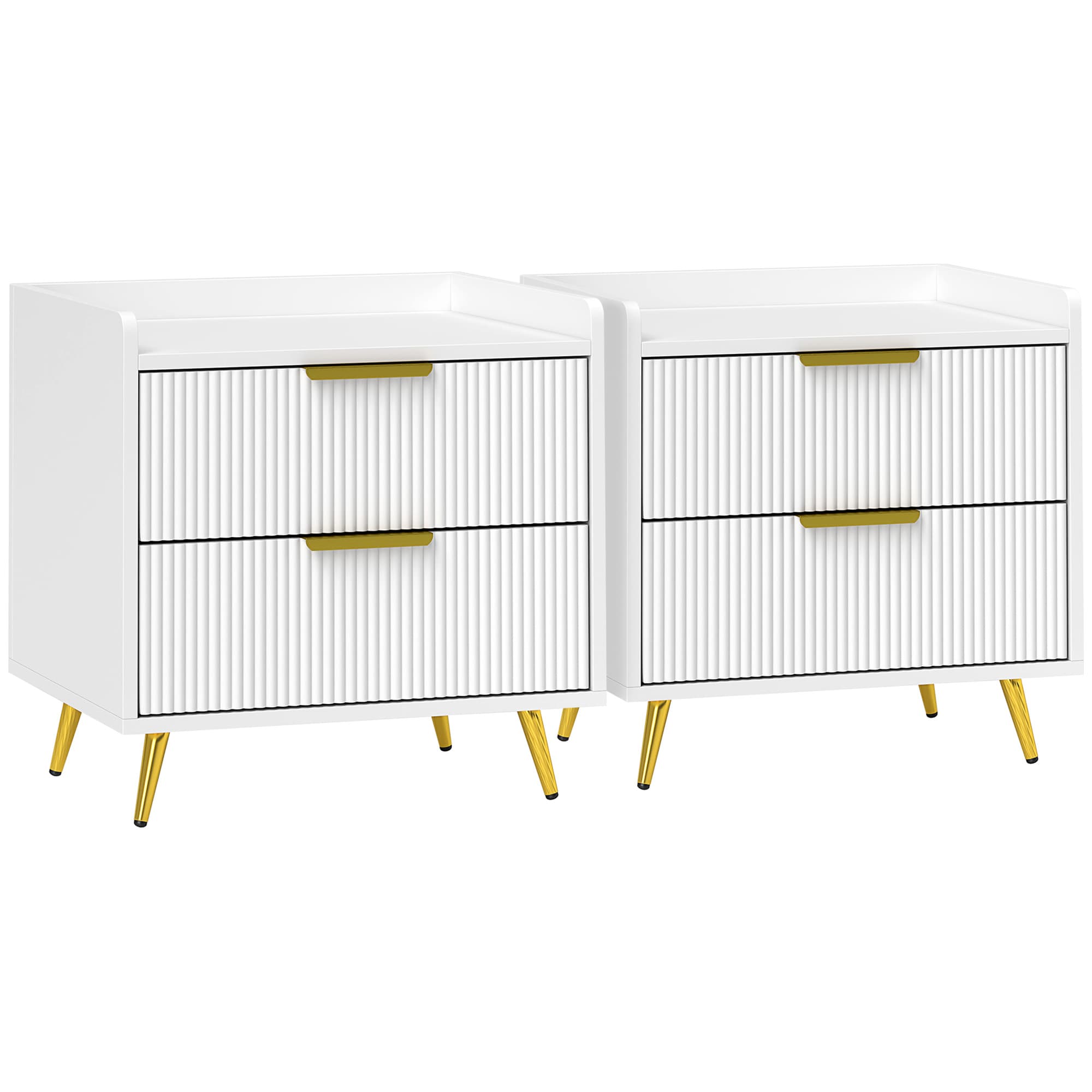 Elegant White Two-Drawer Bedside Tables with Gold Accents - White