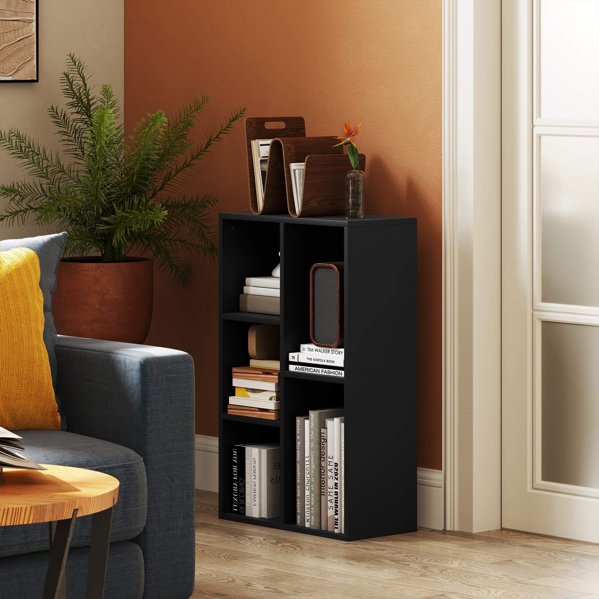 Five-Compartment Black Bookcase for Books and Display - image 8