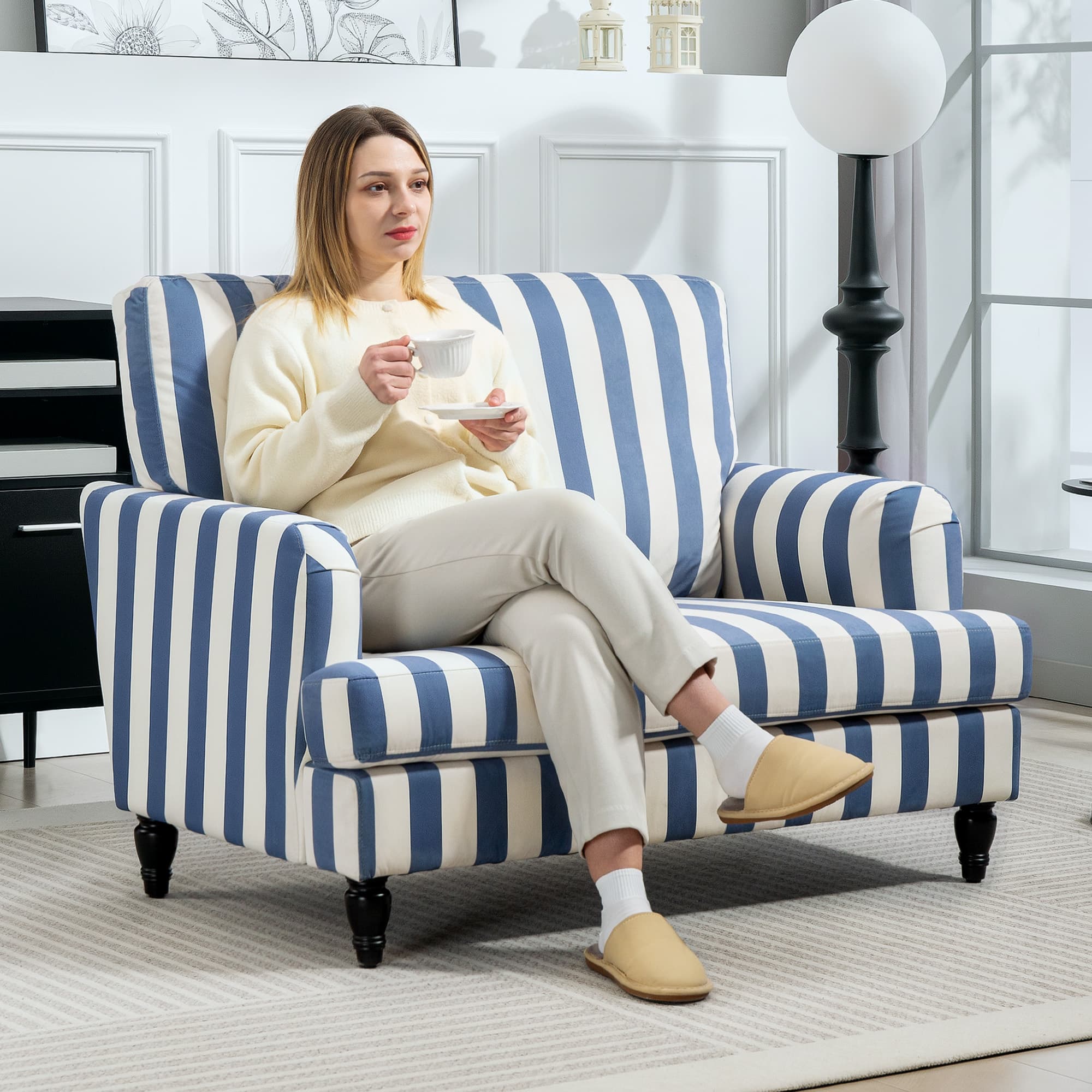 Sink Into Comfort With This Blue & White Velvet Snuggle Chair - image 4