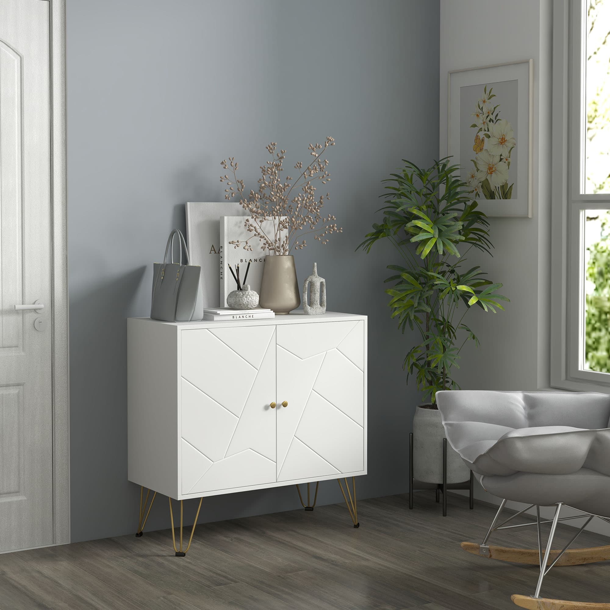 Slim White Storage Sideboard with Gold Hairpin Legs - image 1