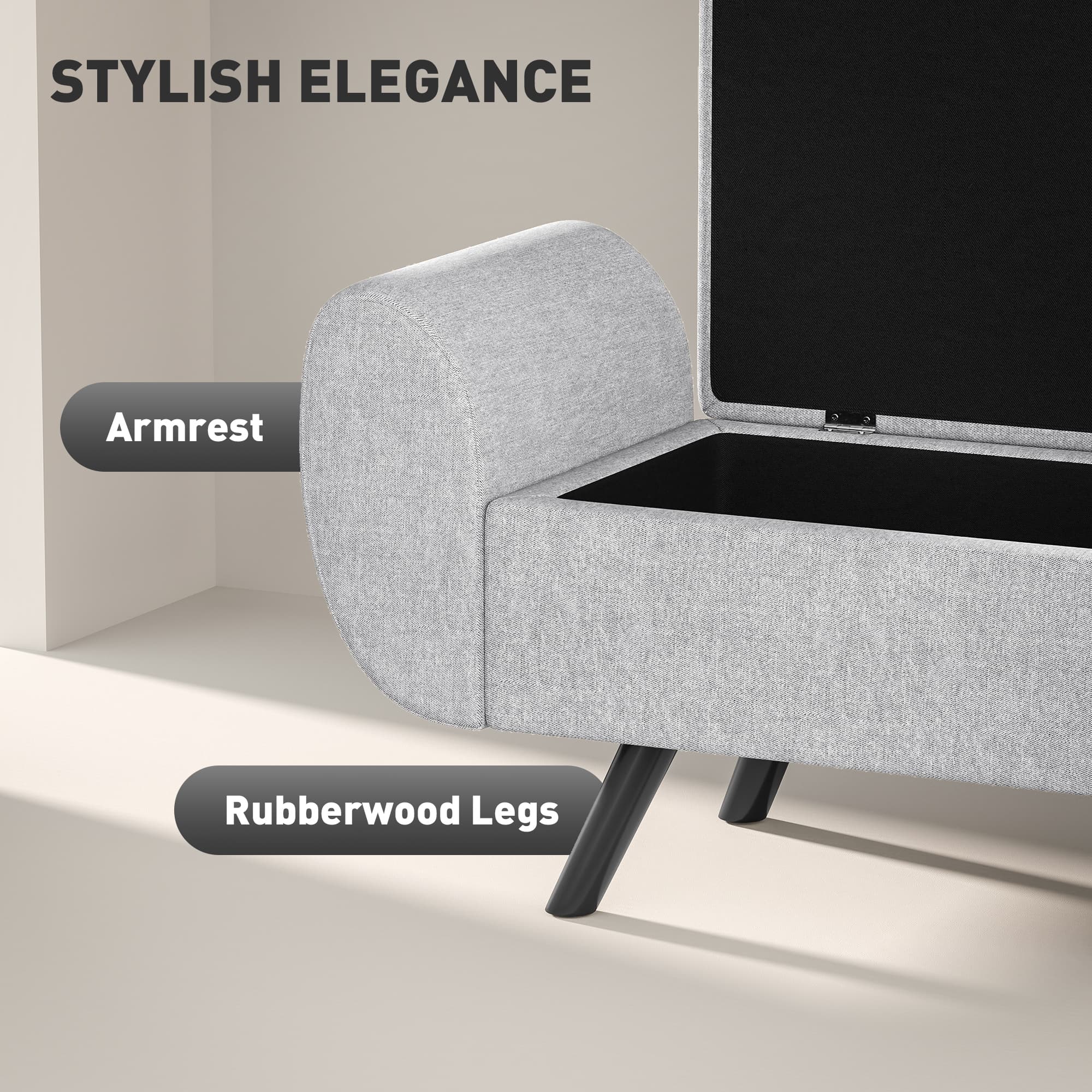 Light Grey Linen Storage Bench With Elegant Armrests - image 2