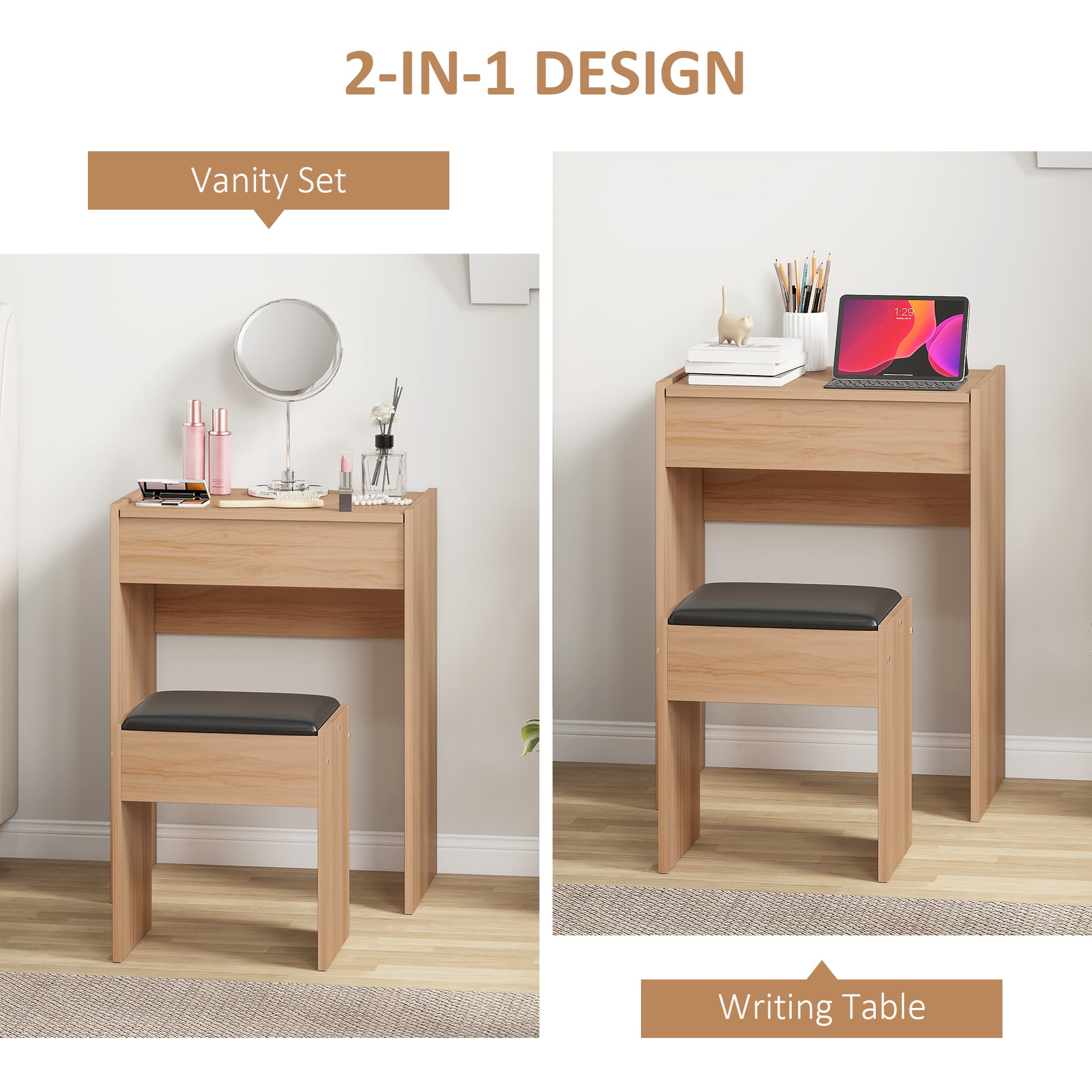 Space-Saving Wood Dressing Table Set with Flip-Up Mirror - image 4