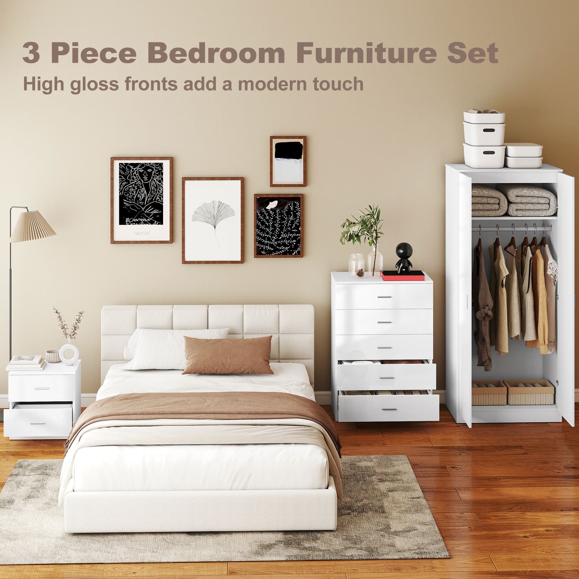 Transform Your Space with this White High Gloss Bedroom Trio - image 2