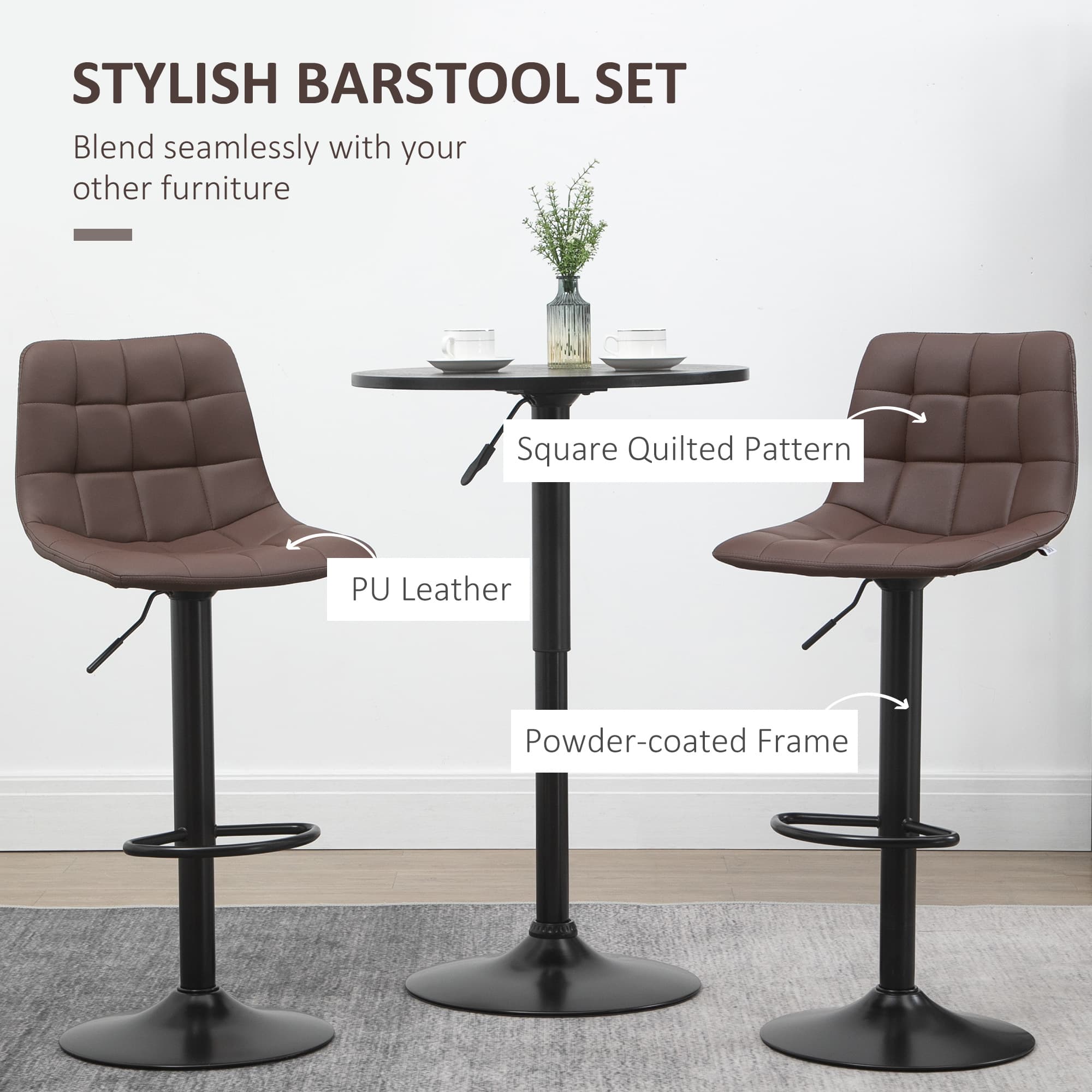 Premium Brown Quilted Adjustable Bar Stools - Set of Two - image 5