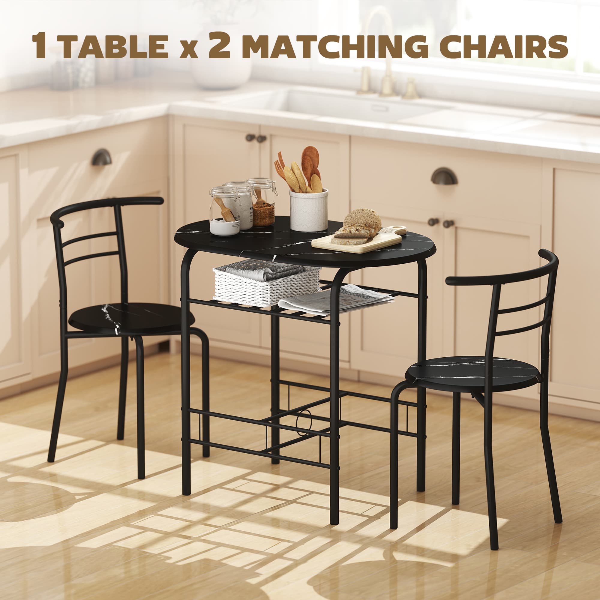 Compact Black Dining Set for Two with Storage Shelf - image 5
