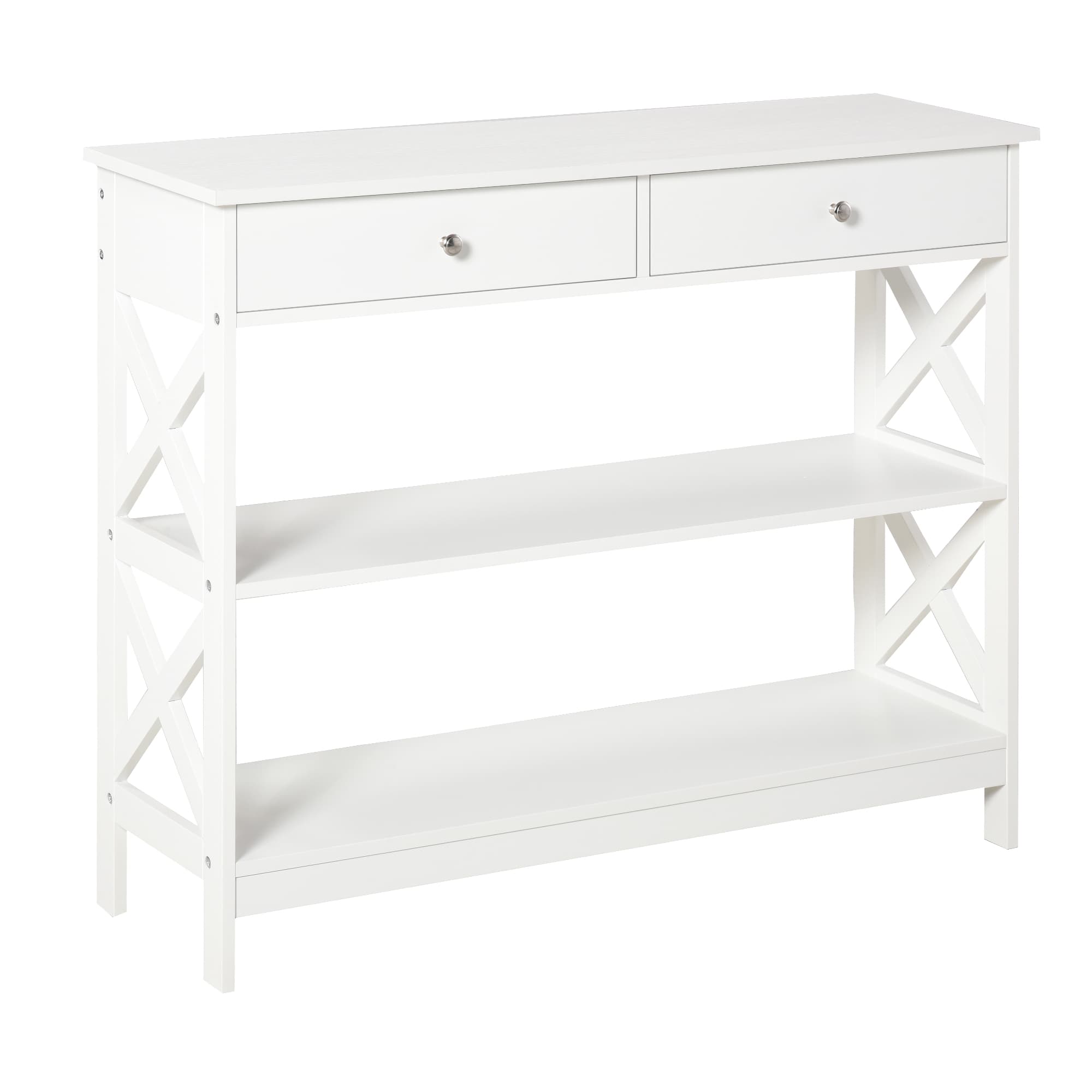 White X-Frame Console Table with Drawers and Open Shelves - image 6