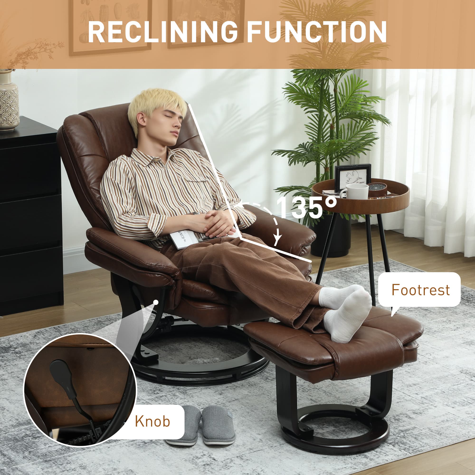 Effortless Comfort: Brown Faux Leather Recliner & Footstool - image 2
