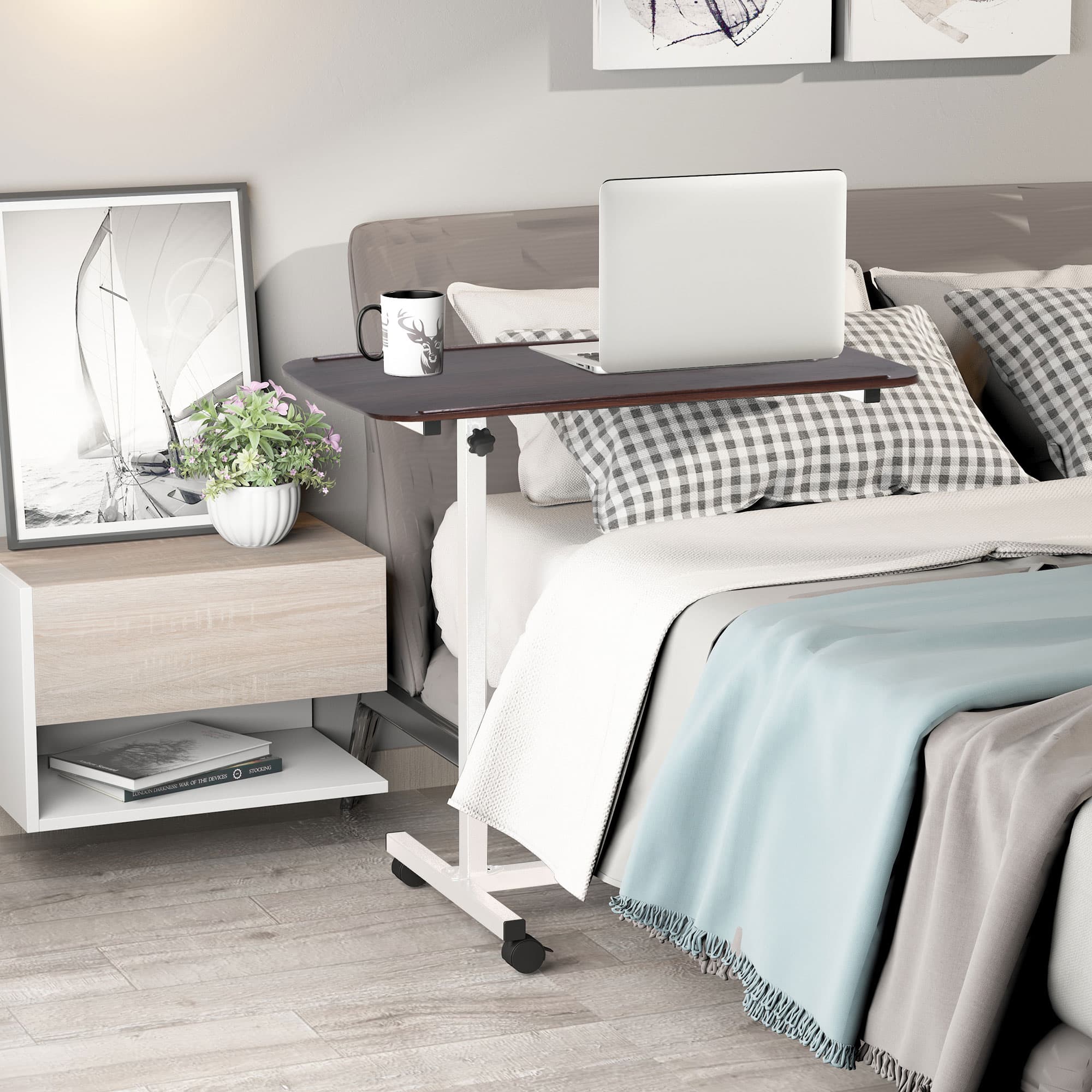 Height Adjustable Over-Bed Table on Wheels — Dark Brown Top, White Frame - image 7