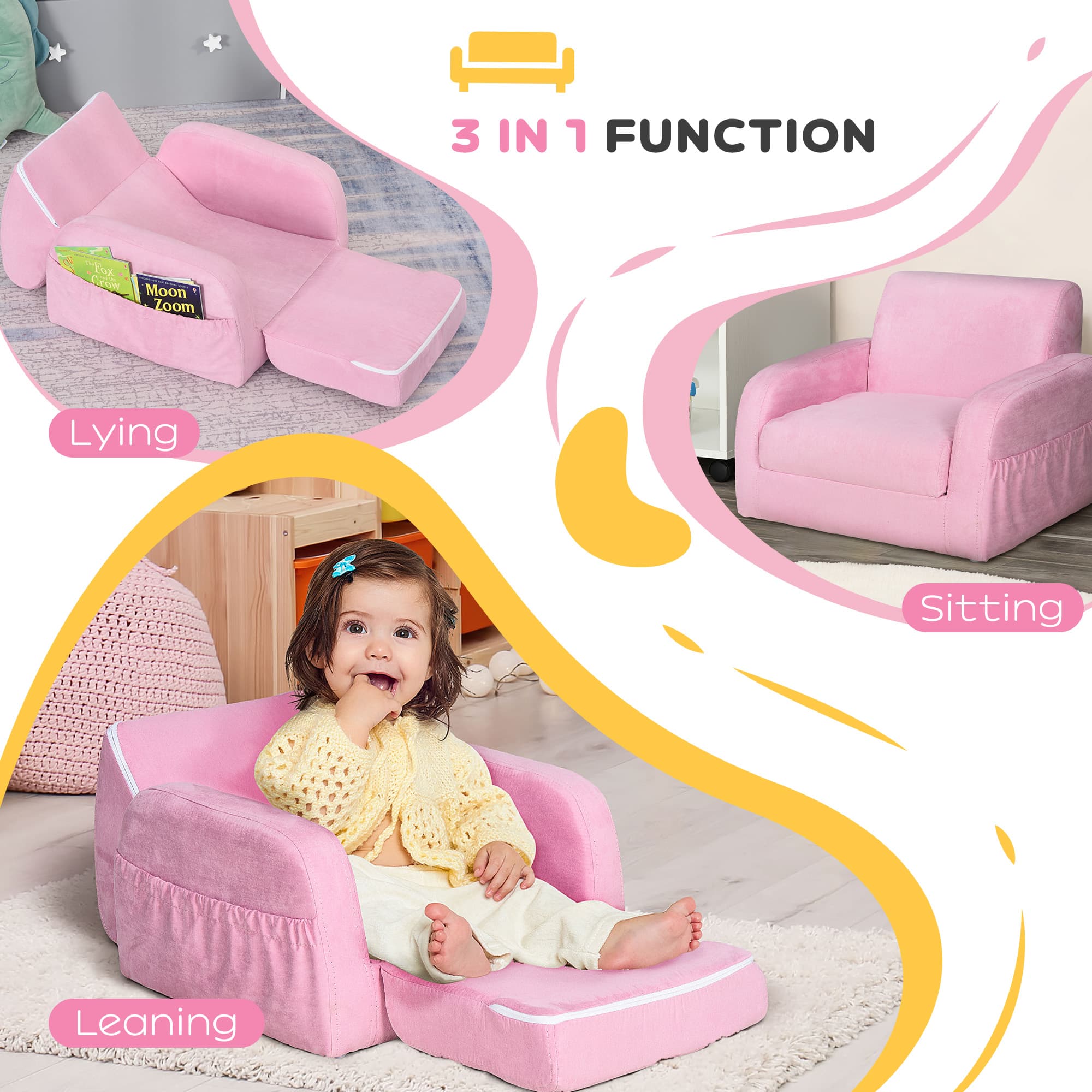 Kids 2-in-1 Armchair and Sofa Bed in Soft Pink Fabric - image 9