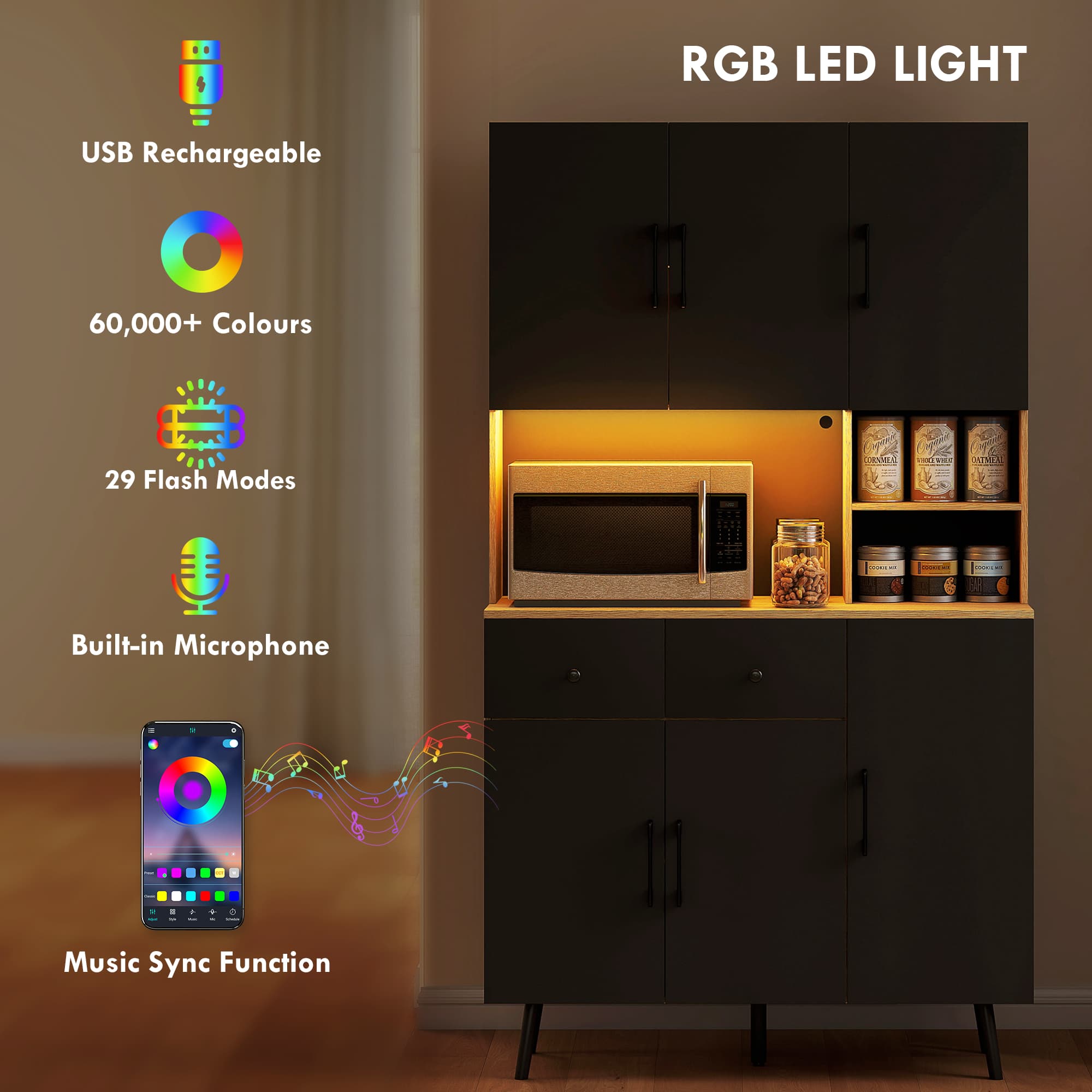 176cm Oak & Black Kitchen Cupboard with Smart LED Lighting - image 4