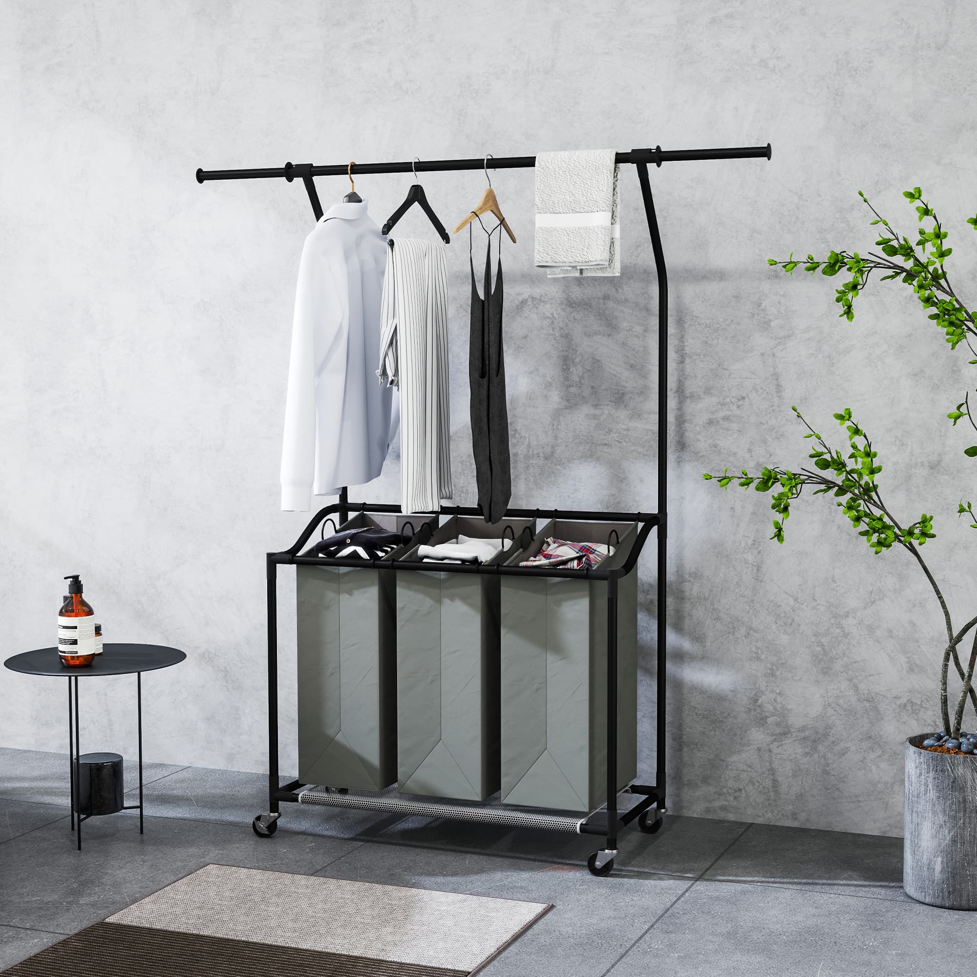 3-Bag Laundry Sorter with Hanging Rail and Wheels - image 3