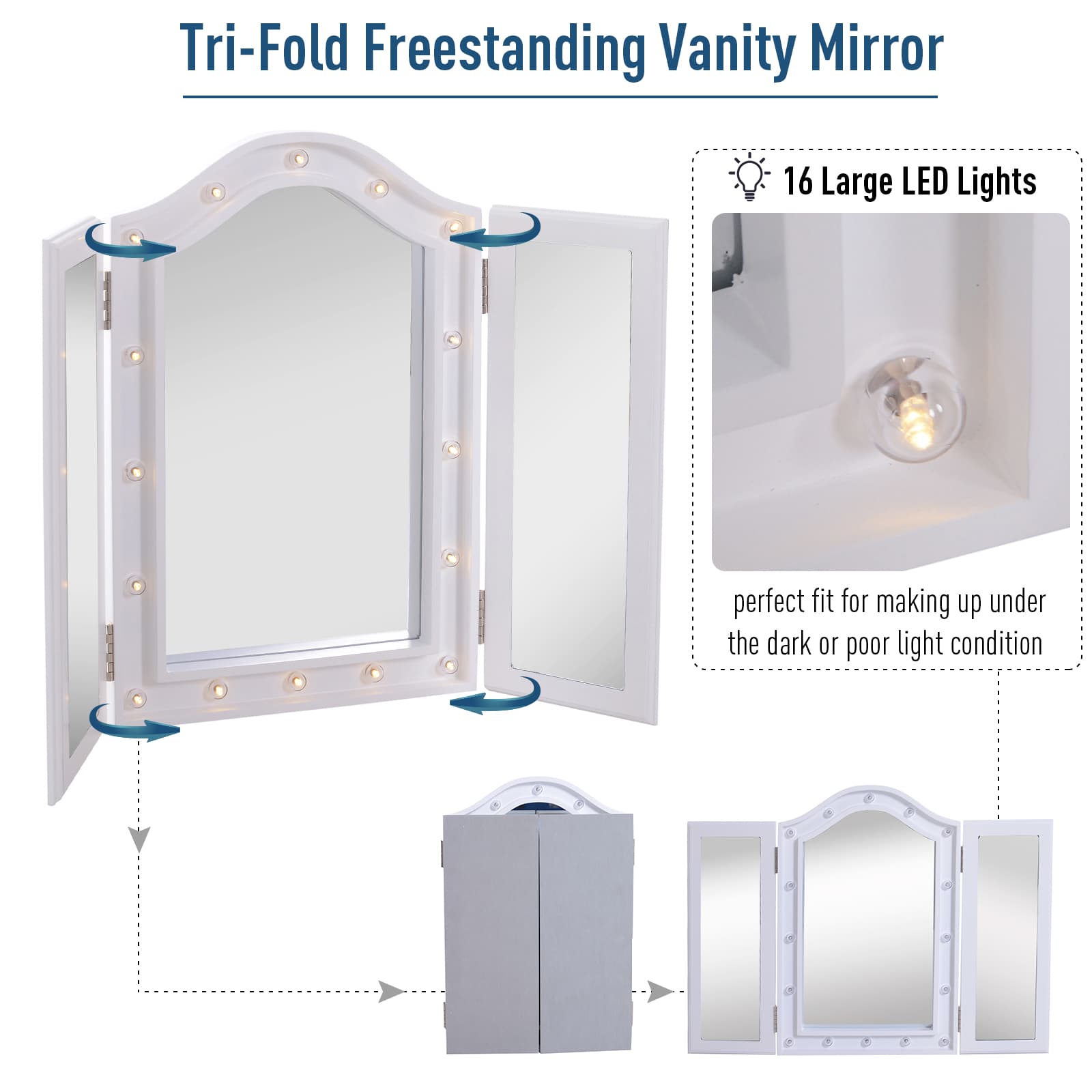 A tri-fold vanity mirror with 16 LED bulb lights in white - image 8