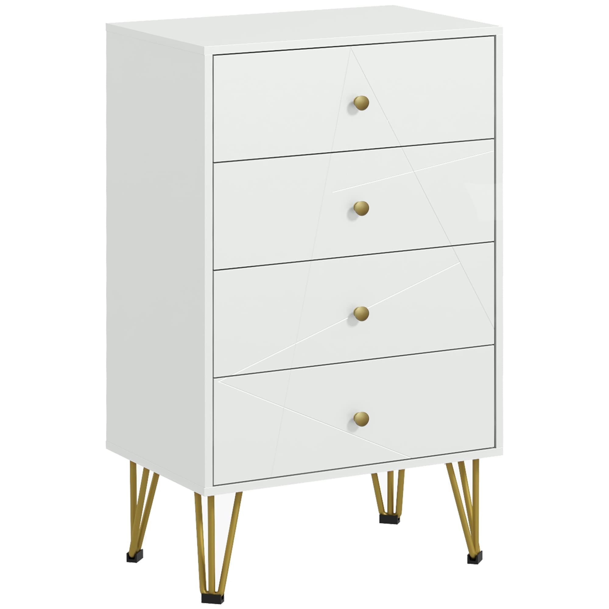 Modern White 4-Drawer Chest with Gold Hairpin Legs - White